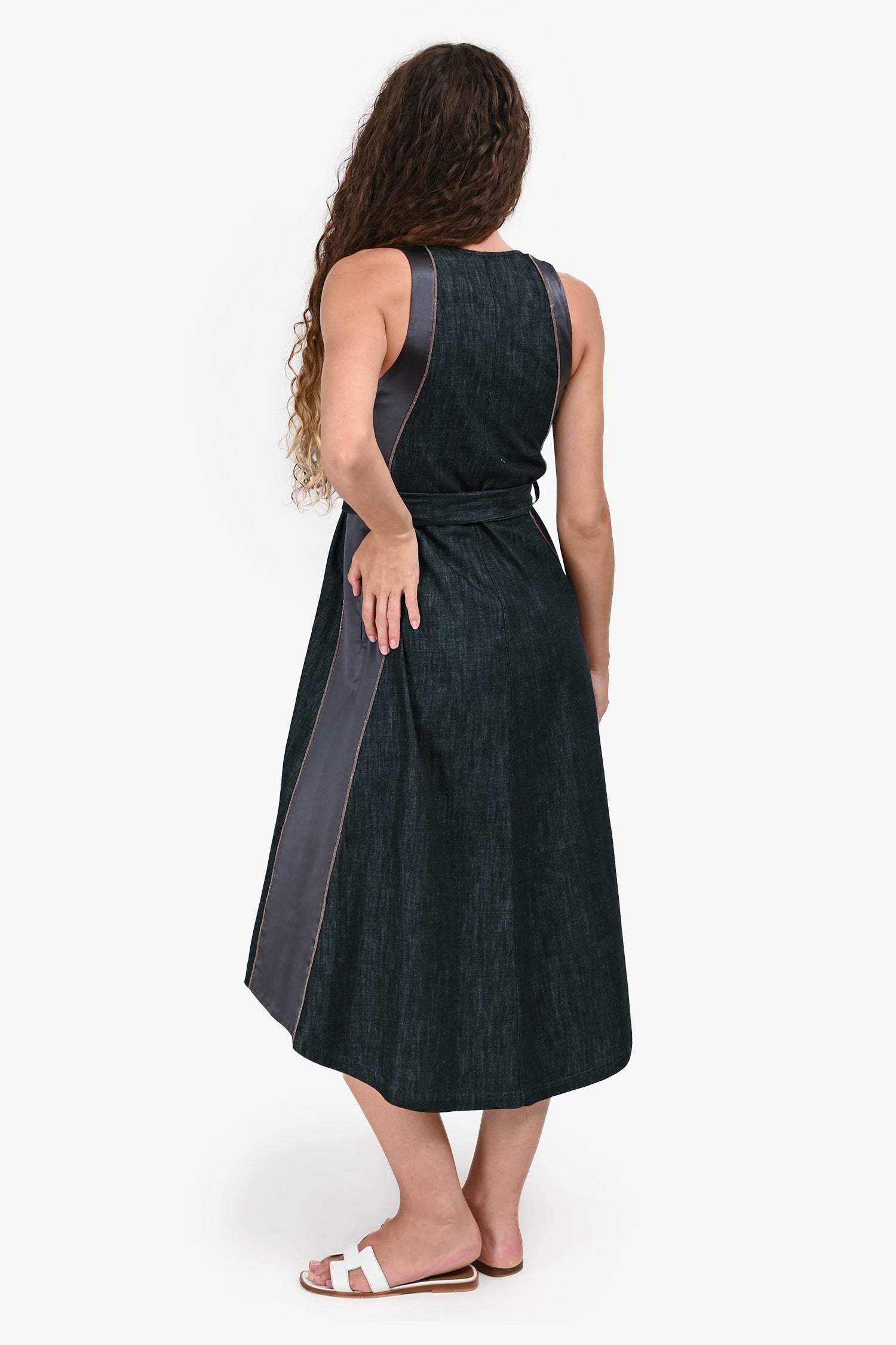 Brunello Cucinelli Dark Grey Denim Beaded Detail Belted Midi Dress Size XS