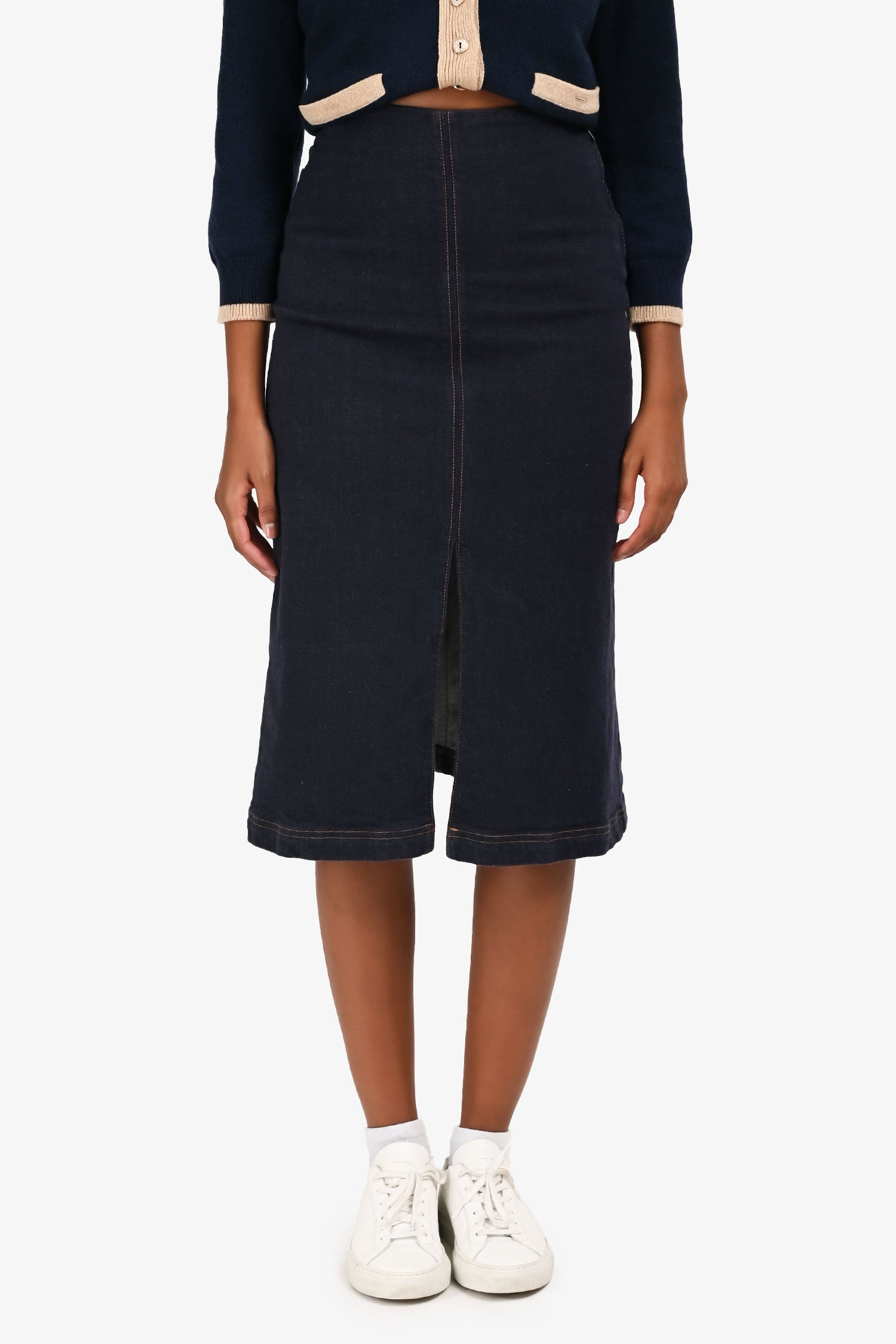 Fendi Dark Denim Contrast Stitch Embroidered Pocket Midi Skirt Estimated Size XS