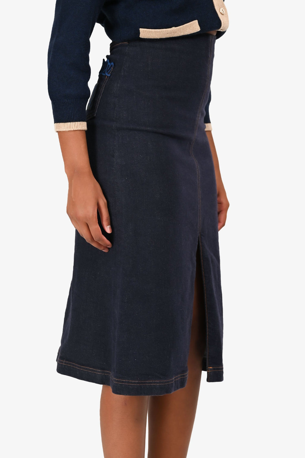 Fendi Dark Denim Contrast Stitch Embroidered Pocket Midi Skirt Estimated Size XS