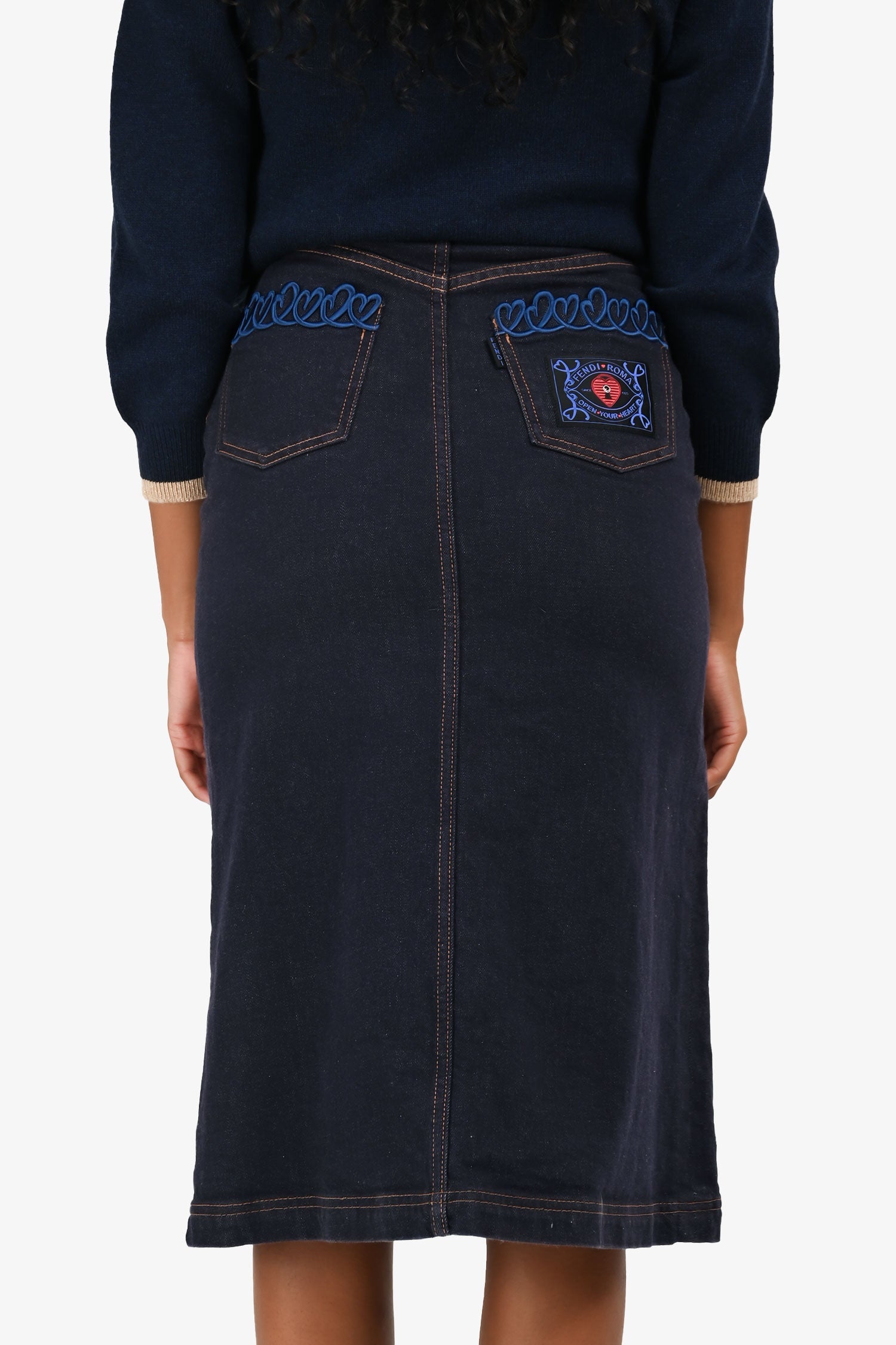 Fendi Dark Denim Contrast Stitch Embroidered Pocket Midi Skirt Estimated Size XS