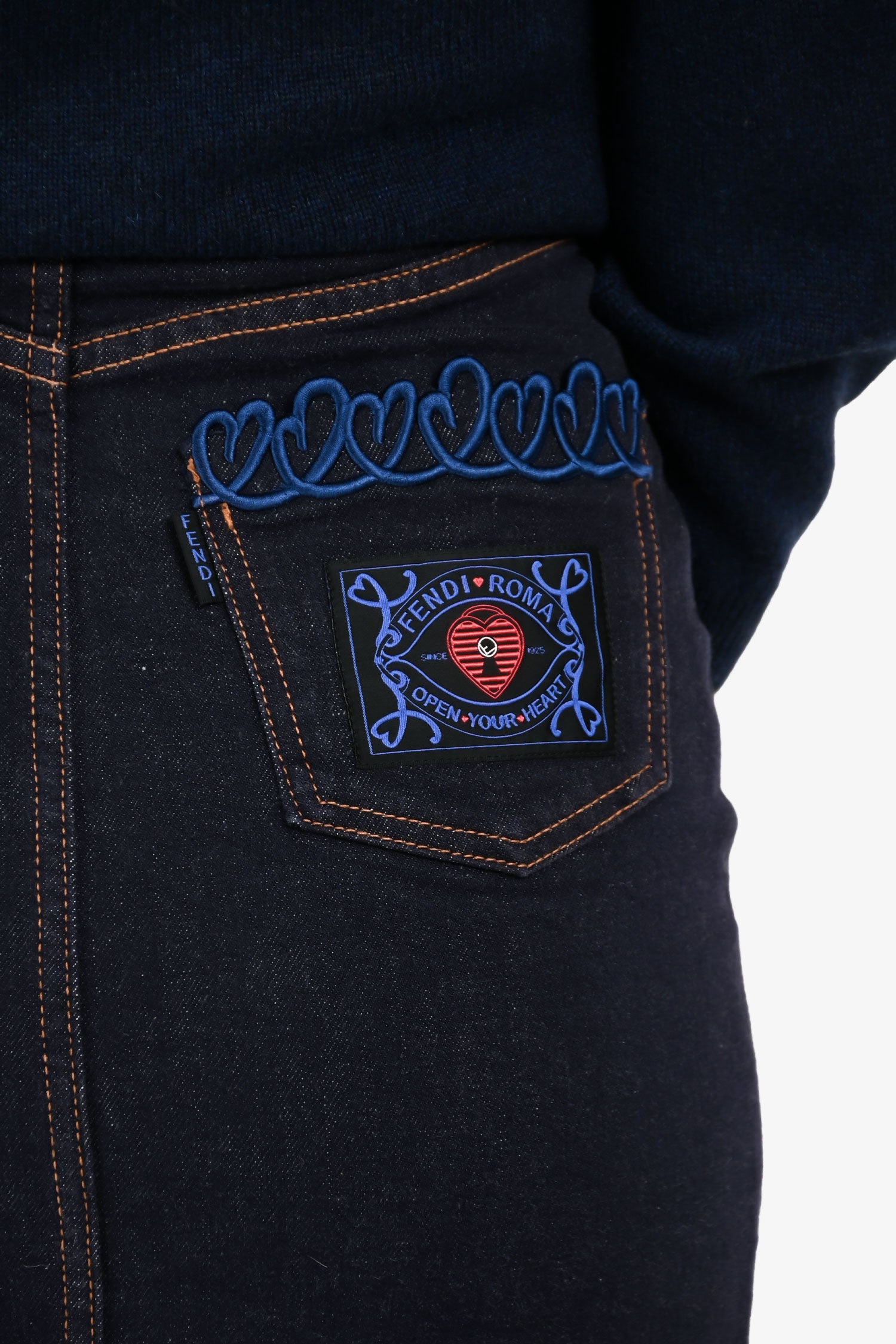 Fendi Dark Denim Contrast Stitch Embroidered Pocket Midi Skirt Estimated Size XS