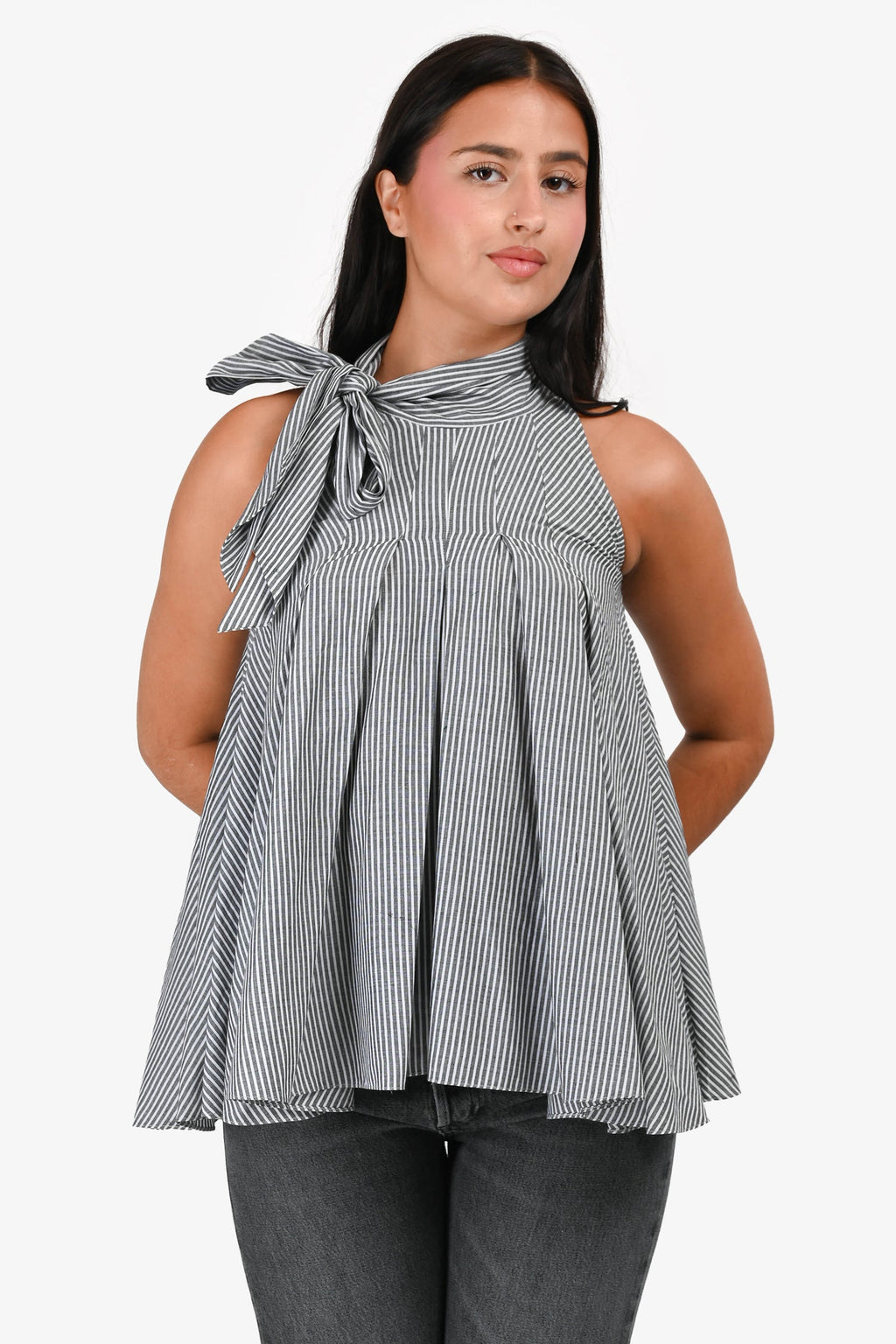 Brunello Cucinelli Grey/White Striped Tie Detail Sleeveless Top Estimated Size S