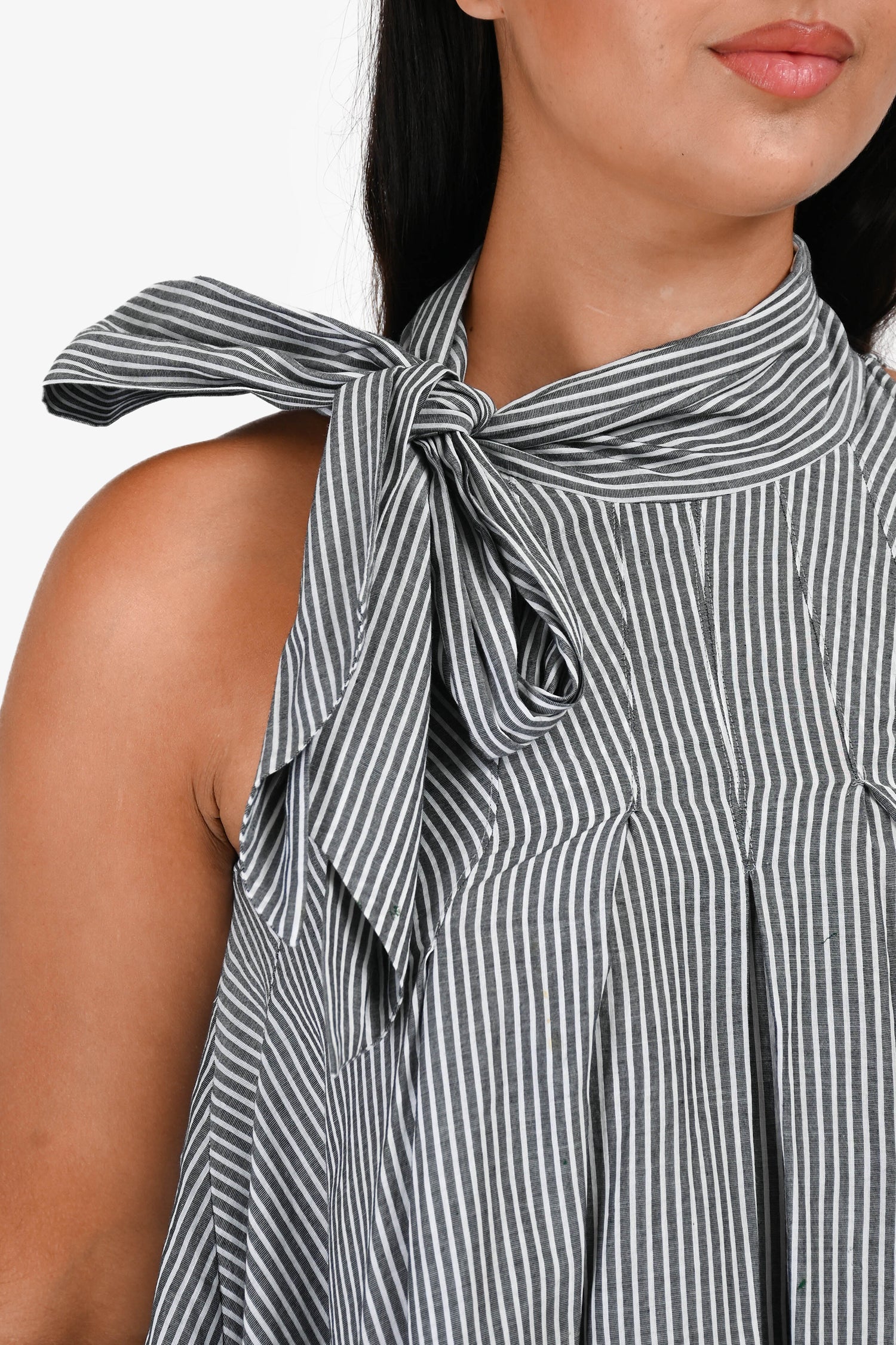 Brunello Cucinelli Grey/White Striped Tie Detail Sleeveless Top Estimated Size S