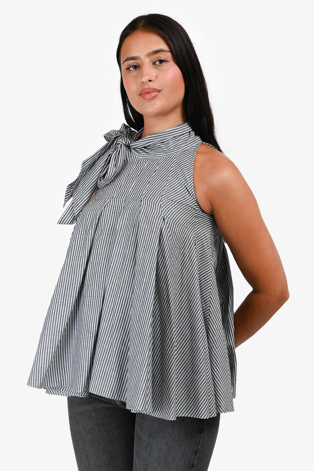 Brunello Cucinelli Grey/White Striped Tie Detail Sleeveless Top Estimated Size S
