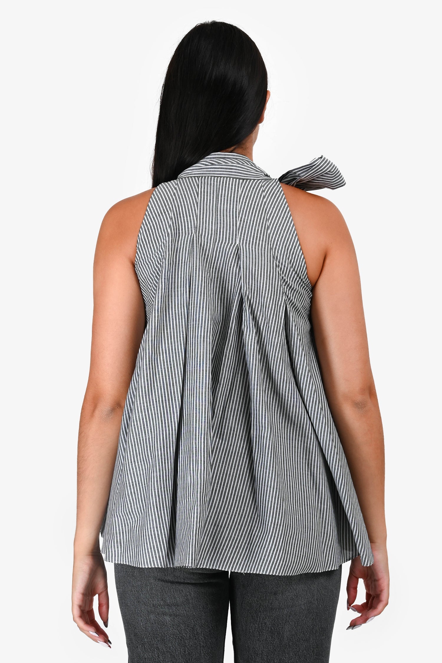 Brunello Cucinelli Grey/White Striped Tie Detail Sleeveless Top Estimated Size S