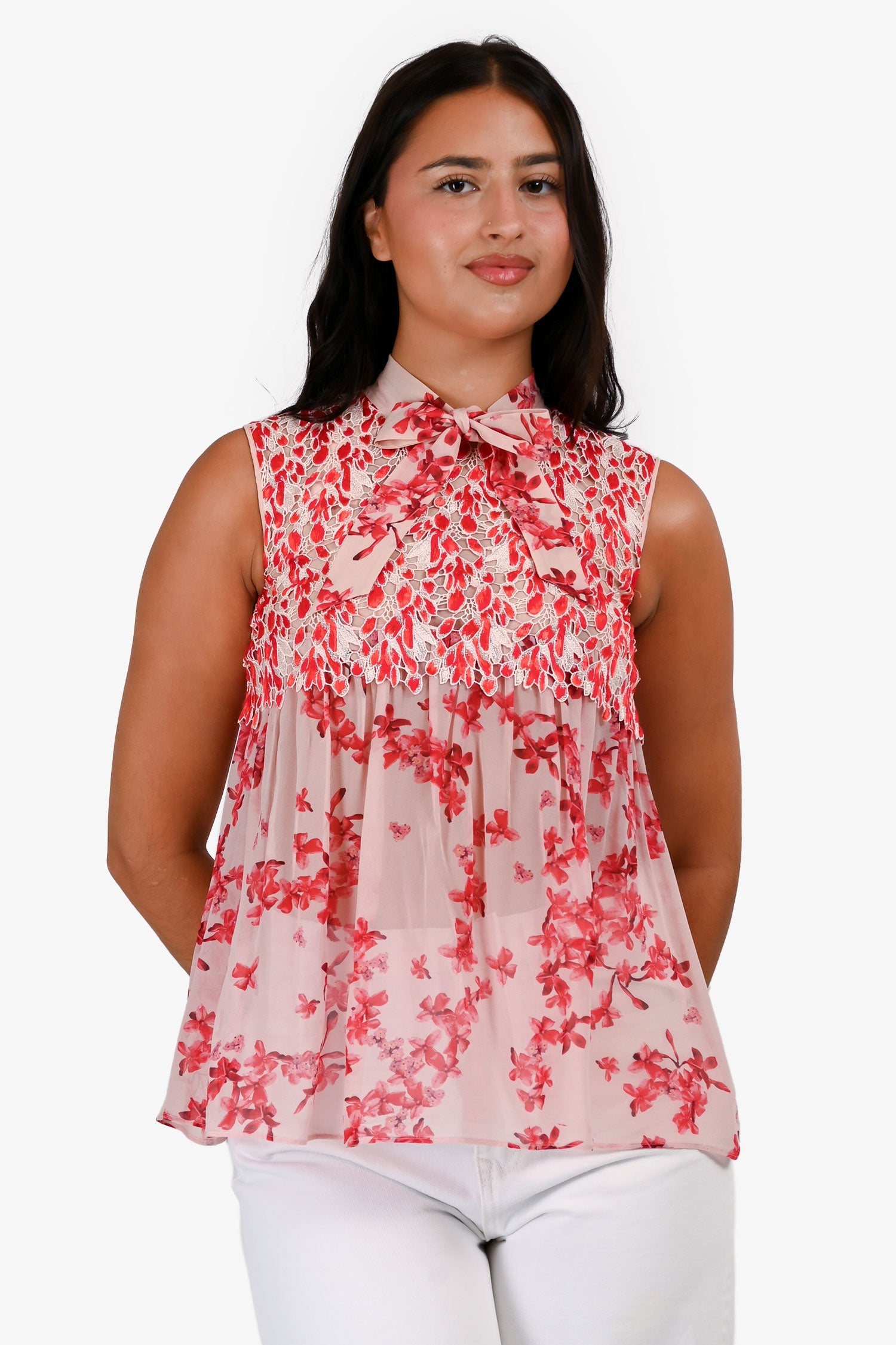 Giambattista Valli Red Embroidered Floral Silk Top Size 38