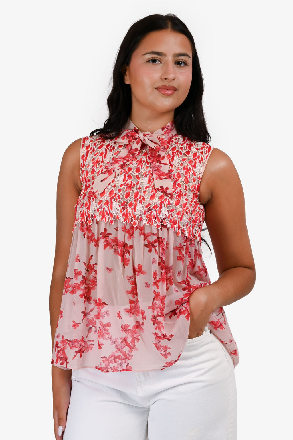 Giambattista Valli Red Embroidered Floral Silk Top Size 38