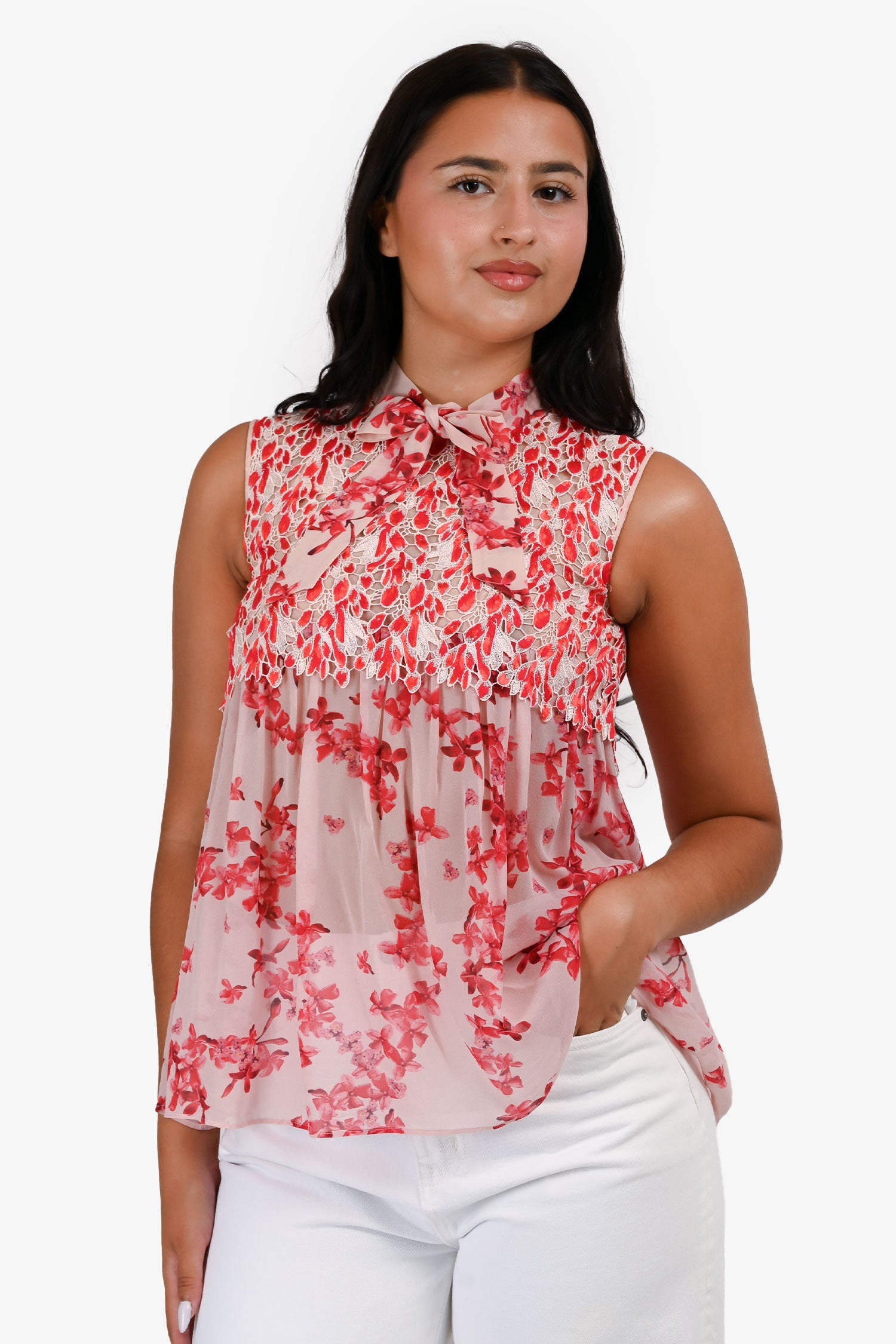 Giambattista Valli Red Embroidered Floral Silk Top Size 38