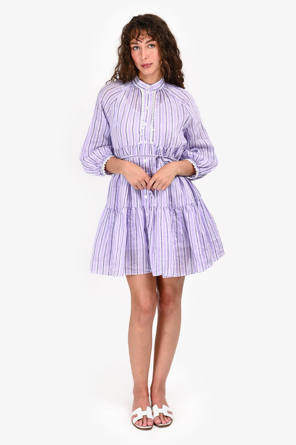 Sandro Purple/White Linen Striped Long Sleeves Mini Dress Size 38