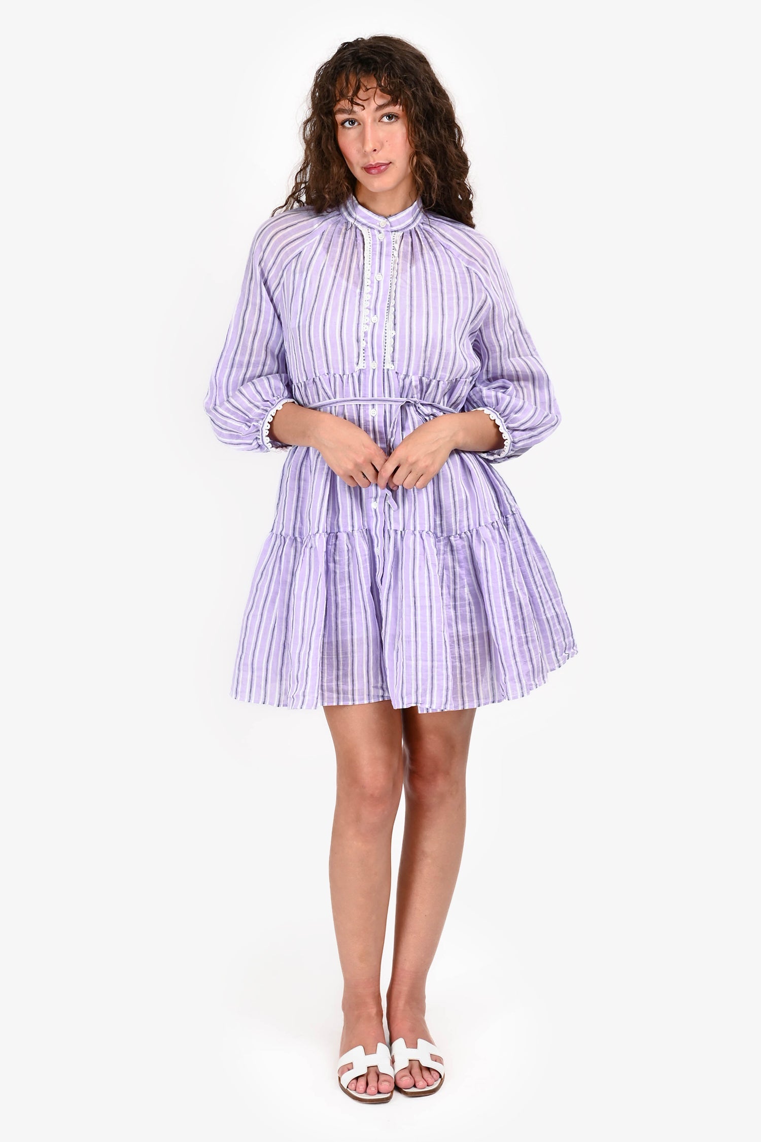 Sandro Purple/White Linen Striped Long Sleeves Mini Dress Size 38