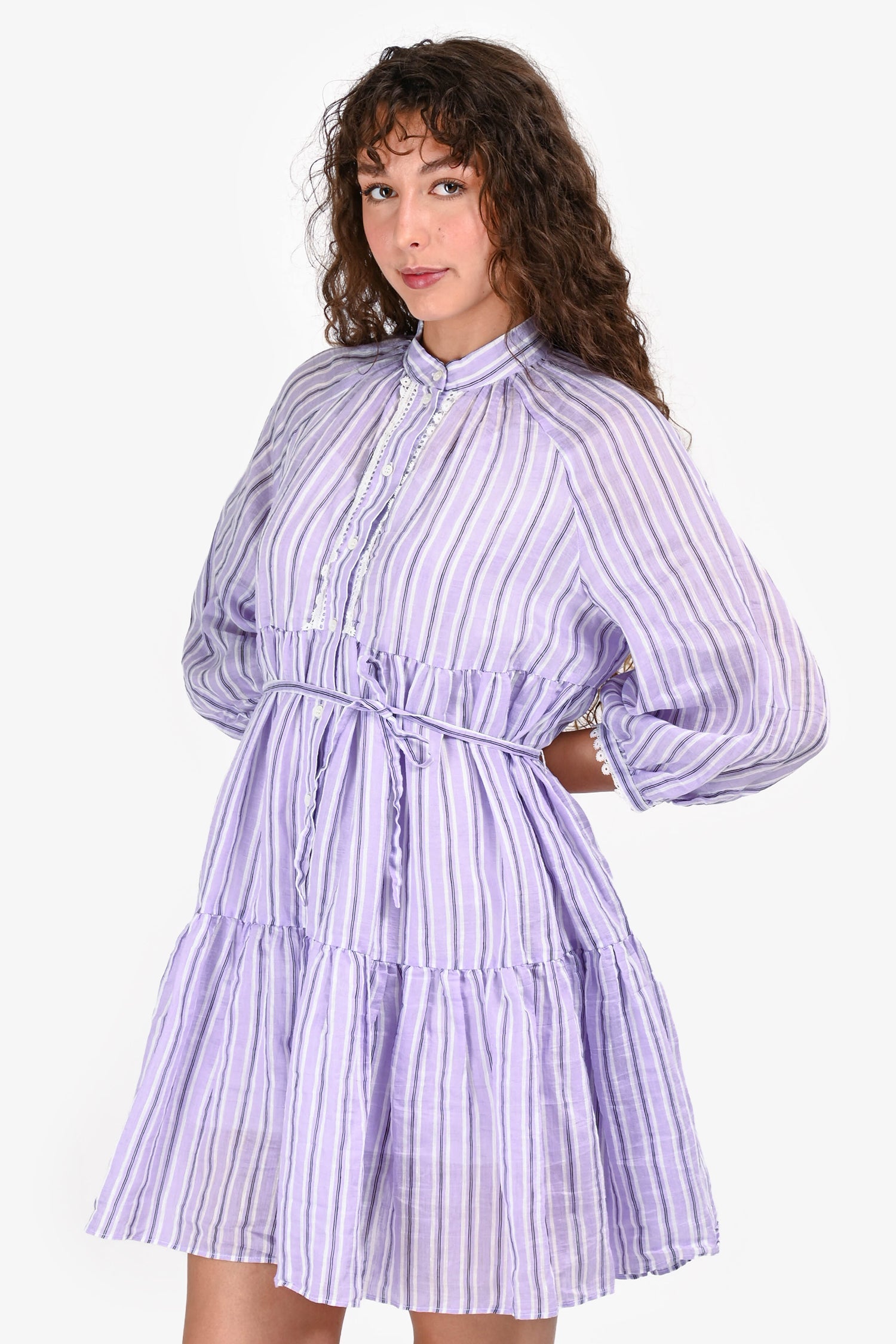 Sandro Purple/White Linen Striped Long Sleeves Mini Dress Size 38