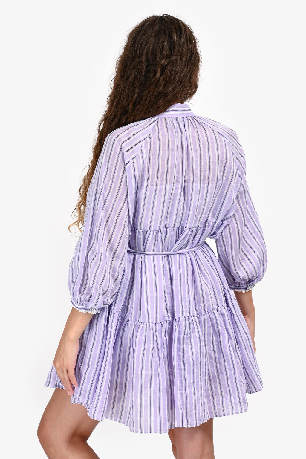 Sandro Purple/White Linen Striped Long Sleeves Mini Dress Size 38