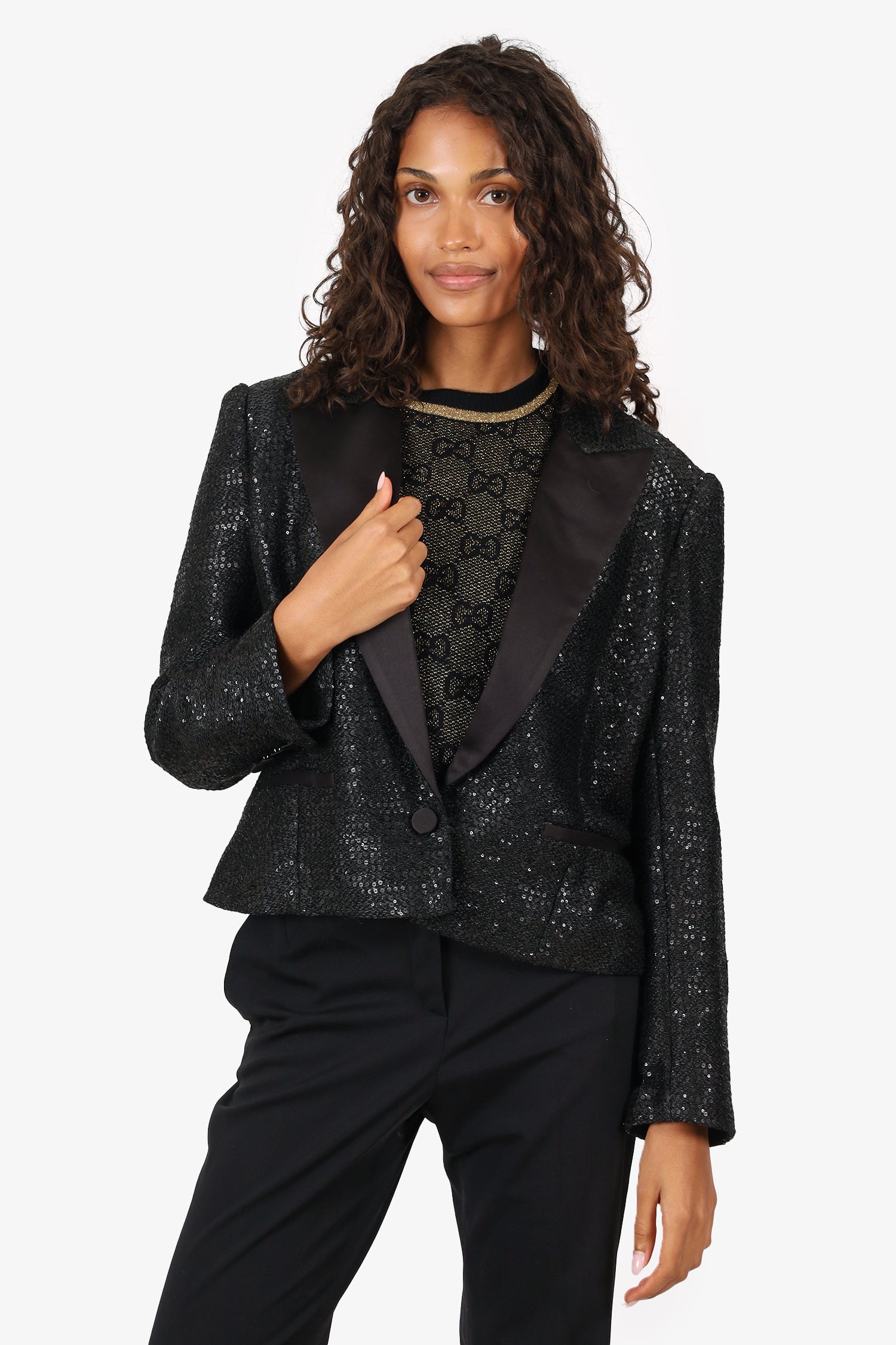 L'Agence Black Sequin/Satin Cropped Blazer Size 12