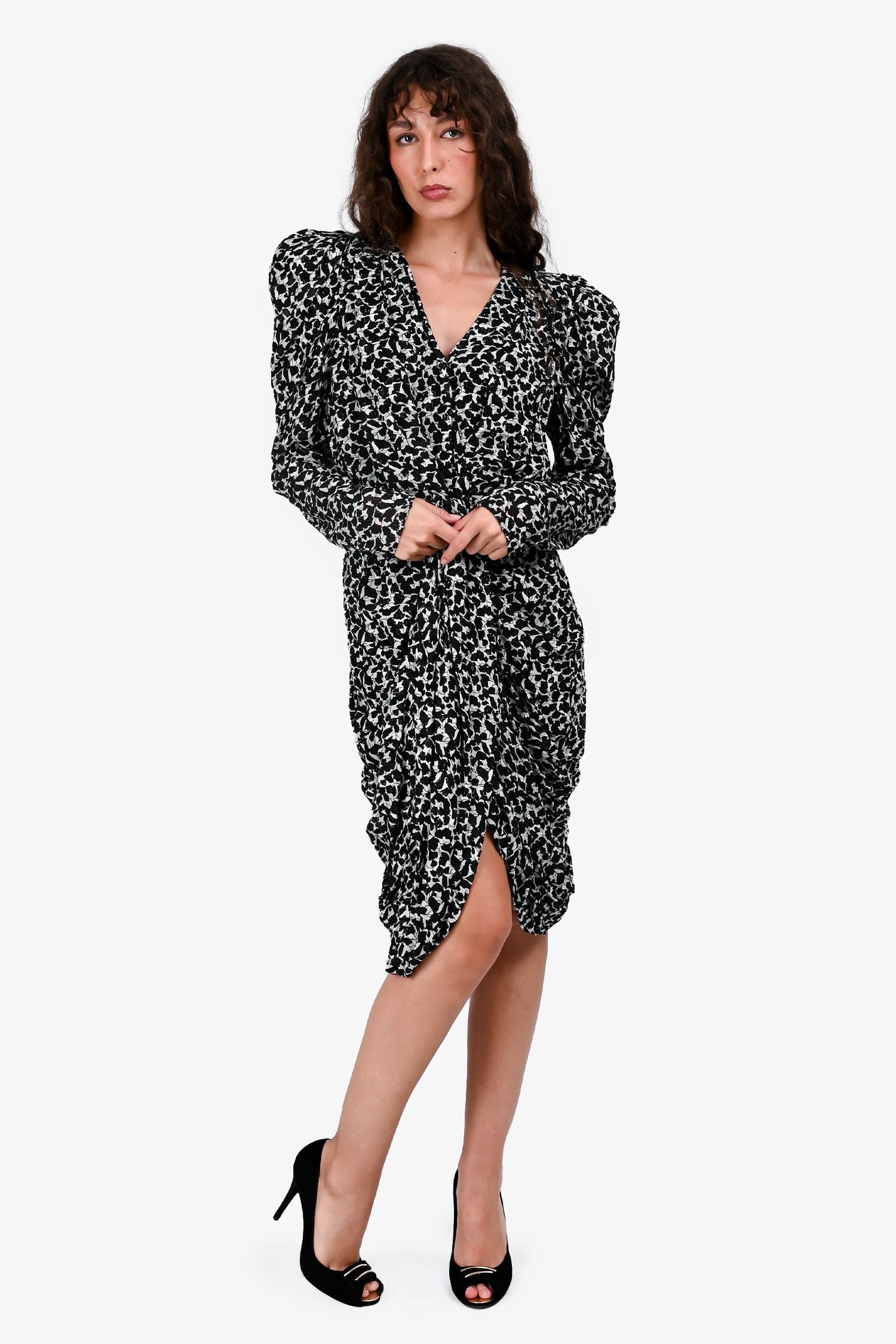Isabel Marant Black/White Silk Metallic Thread Pattern Puff Sleeve Midi Dress Size 40