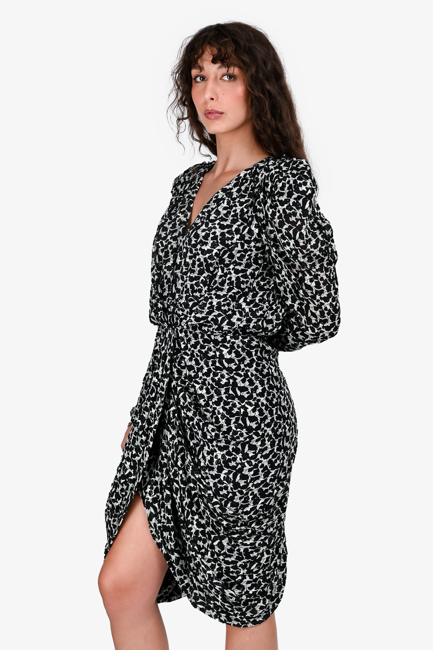 Isabel Marant Black/White Silk Metallic Thread Pattern Puff Sleeve Midi Dress Size 40