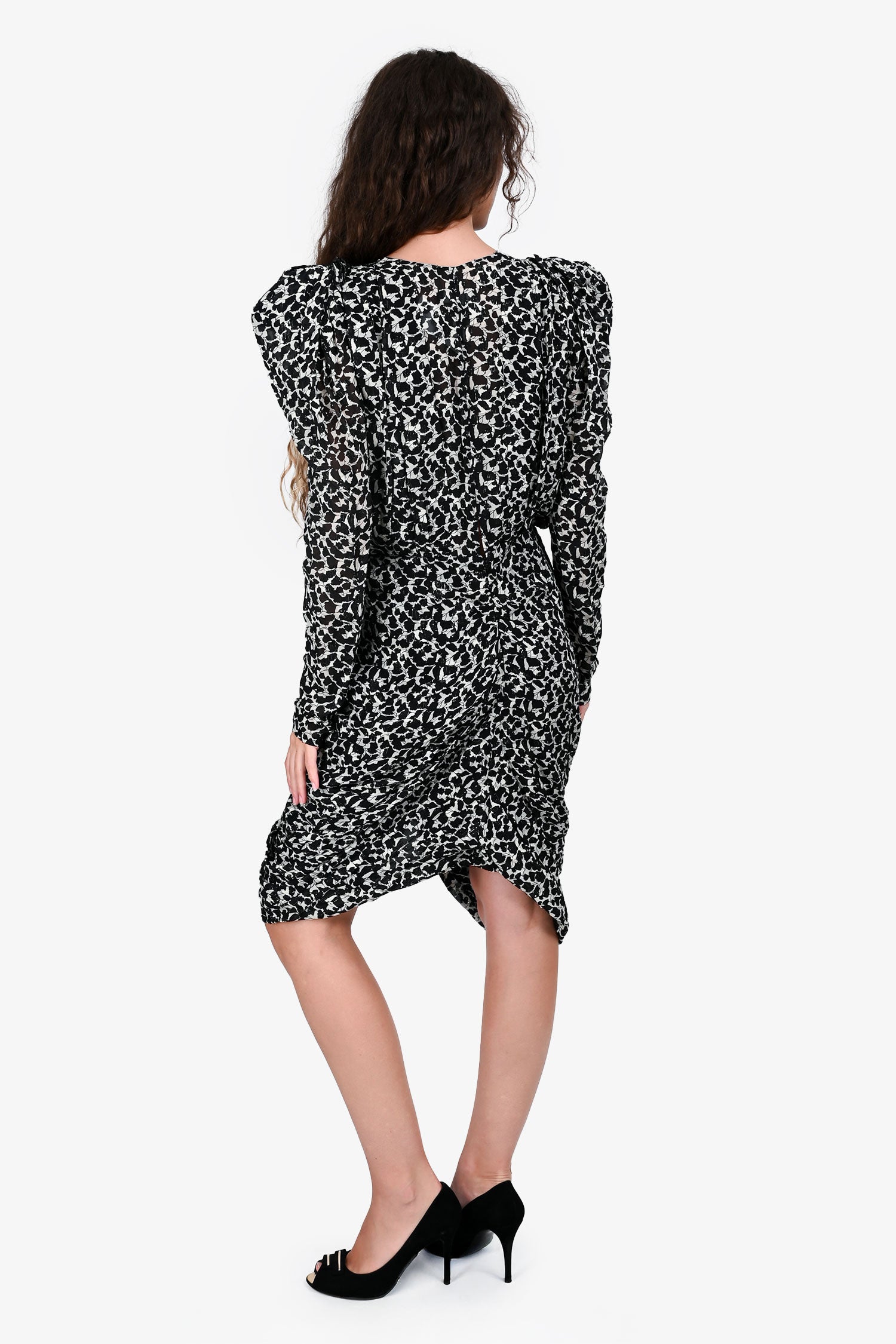 Isabel Marant Black/White Silk Metallic Thread Pattern Puff Sleeve Midi Dress Size 40