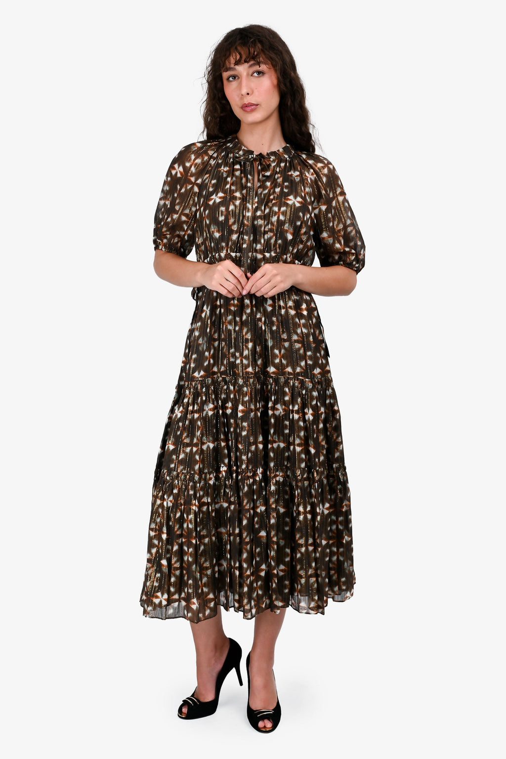 Ulla Johnson Green Silk Patterned Midi Dress Size 4