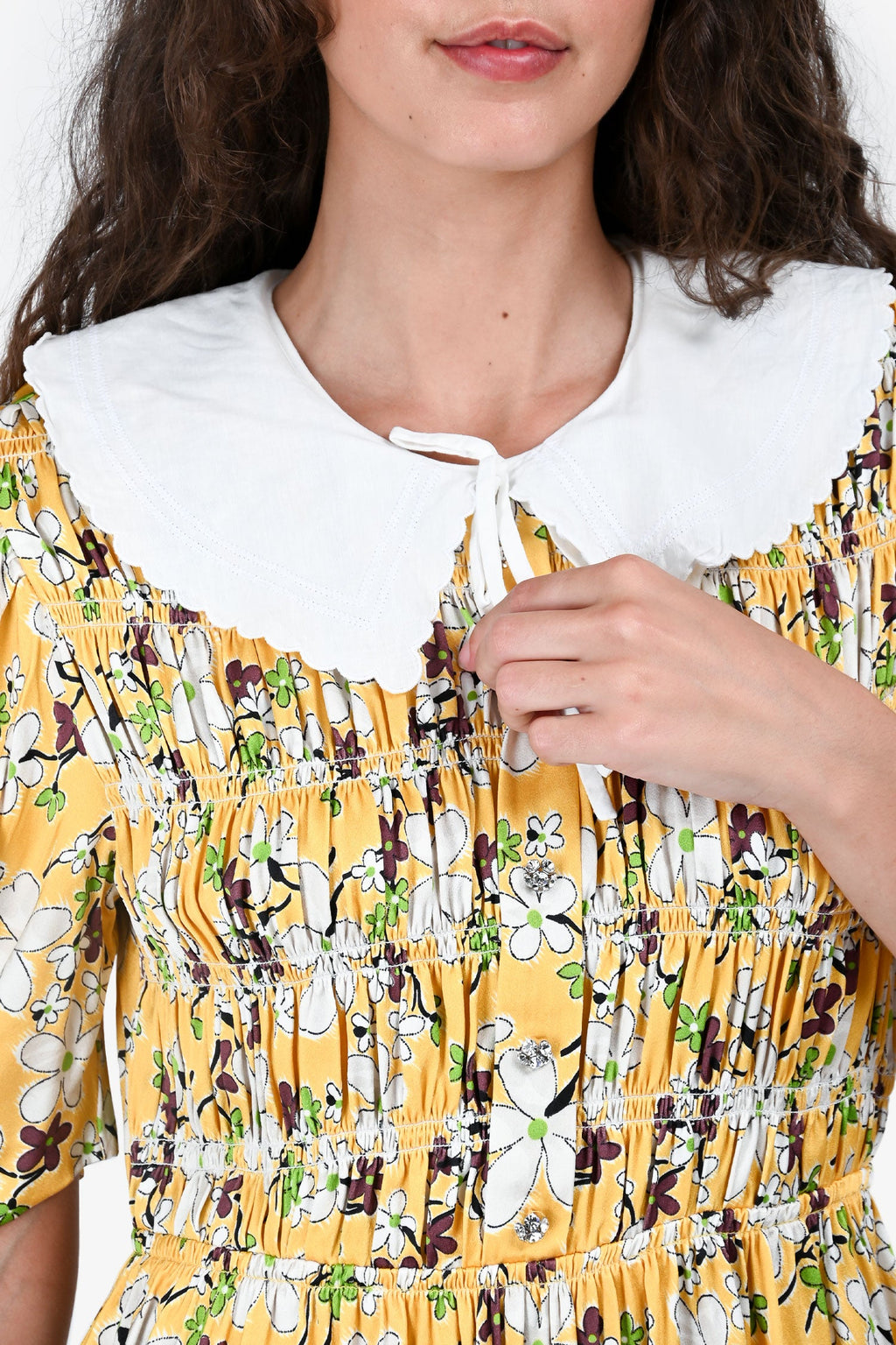 Miu Miu 2020 Yellow Floral Print Peter Pan Collar Short Sleeves Dress Size 42