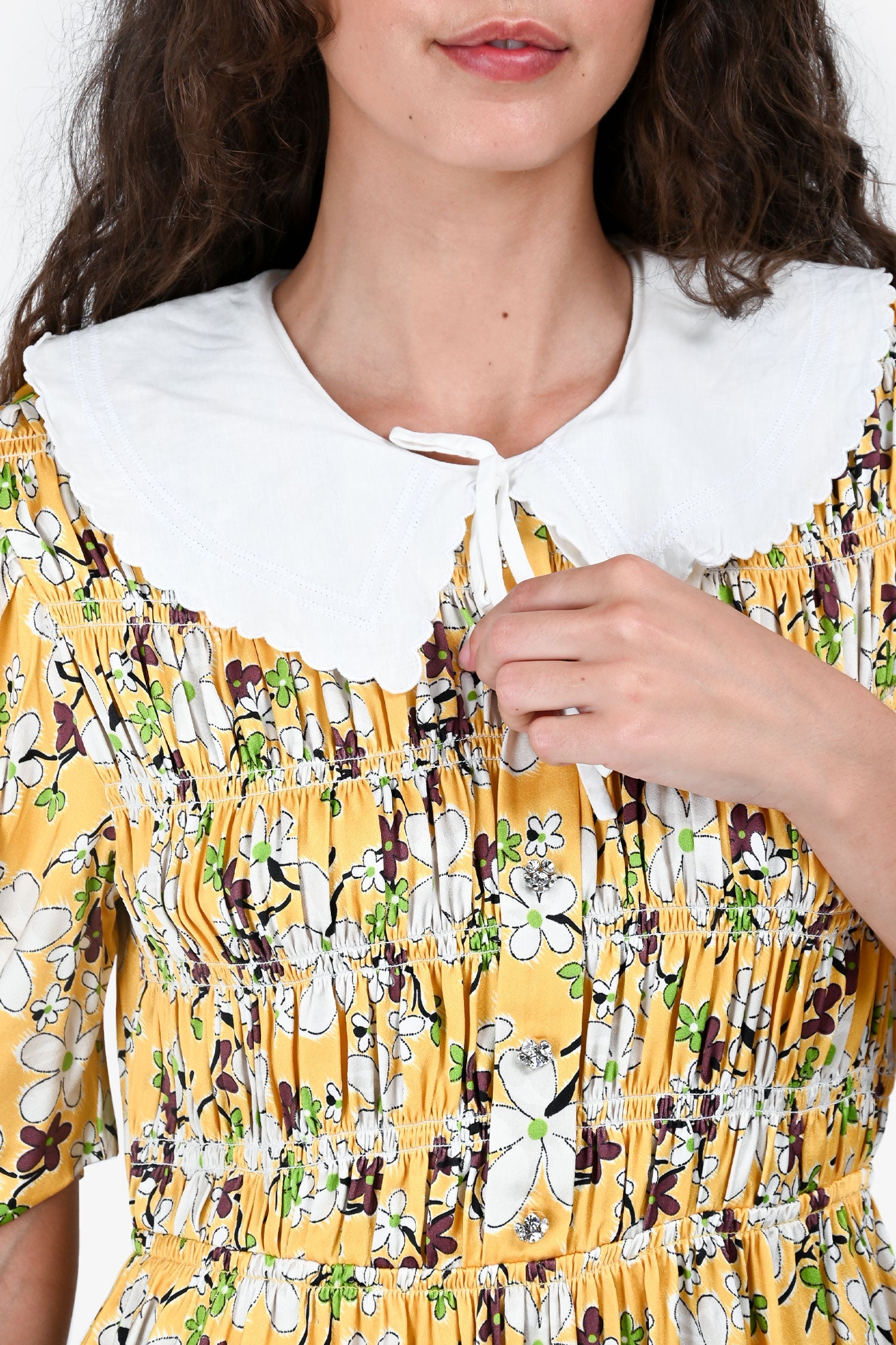 Miu Miu 2020 Yellow Floral Print Peter Pan Collar Short Sleeves Dress Size 42