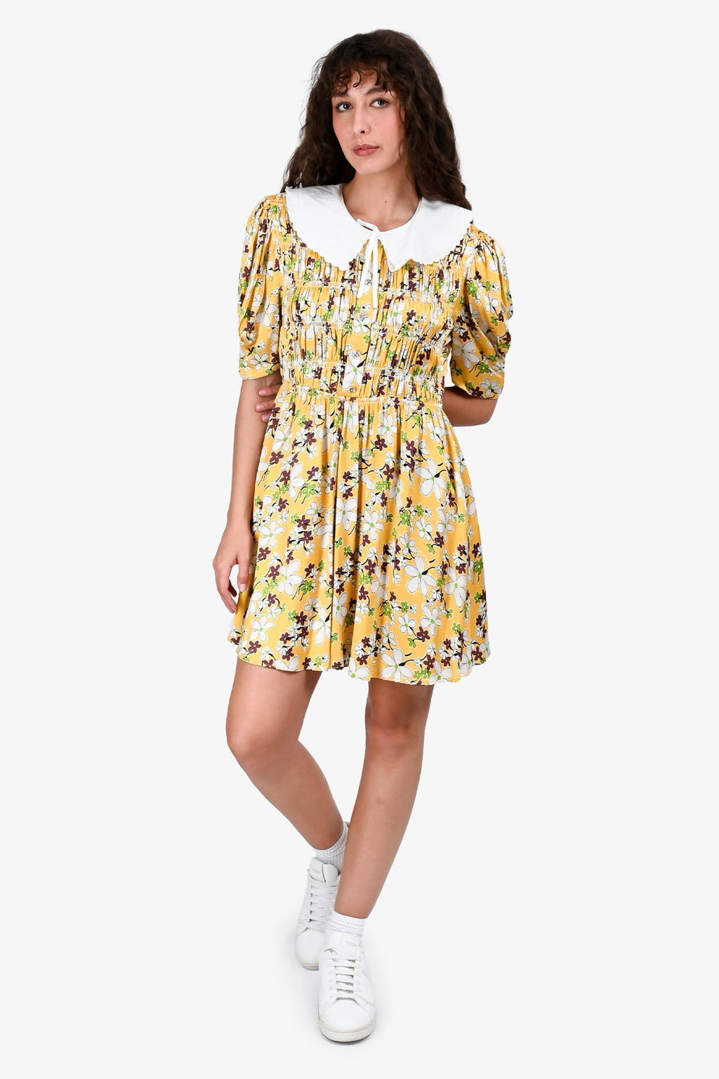 Miu Miu 2020 Yellow Floral Print Peter Pan Collar Short Sleeves Dress Size 42