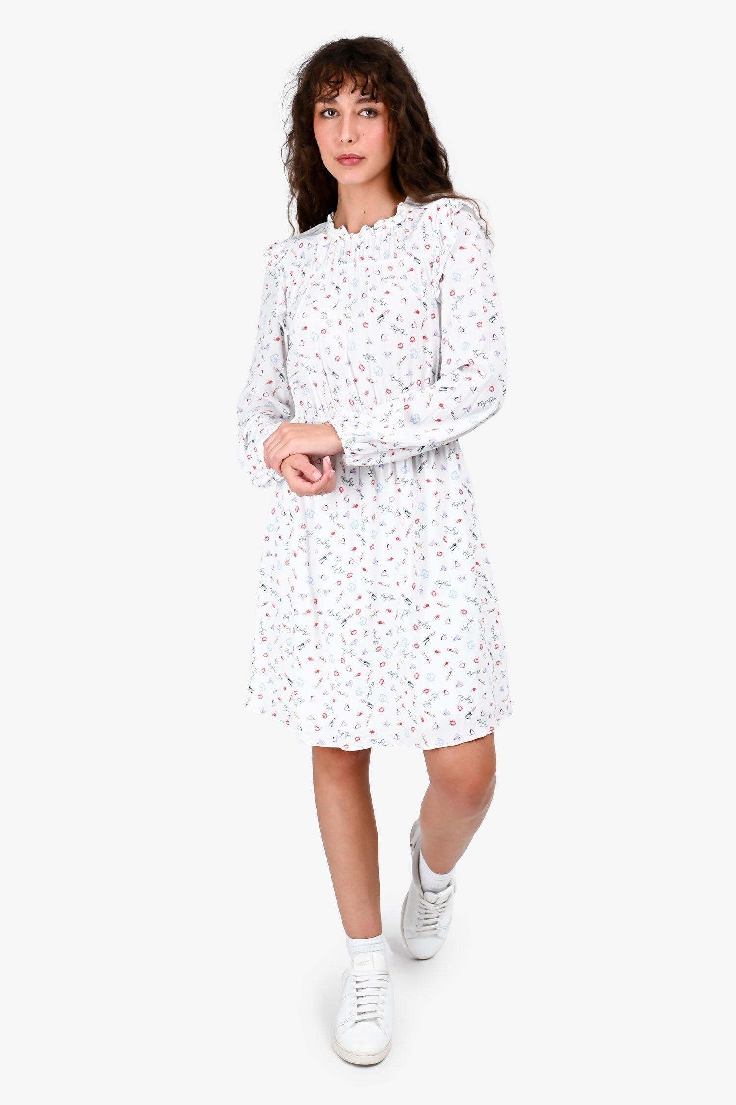 Maje White Graphic Printed Long Sleeves Mini Dress Size 40