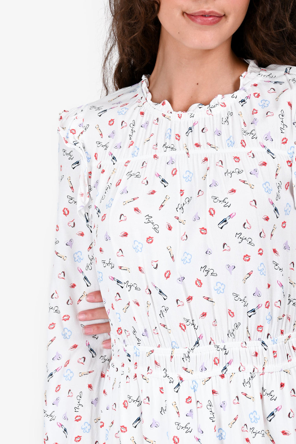 Maje White Graphic Printed Long Sleeves Mini Dress Size 40