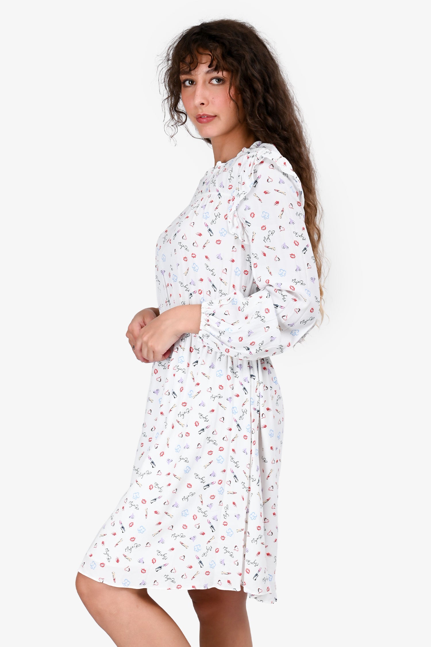 Maje White Graphic Printed Long Sleeves Mini Dress Size 40