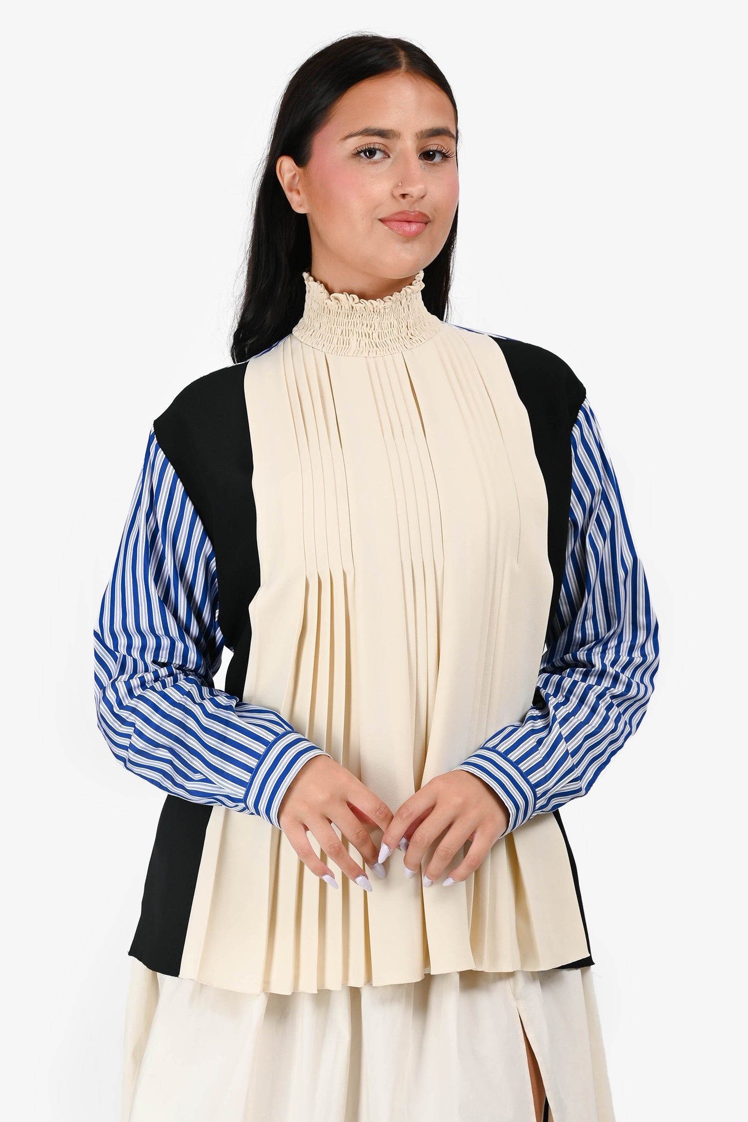 Prada 2020 Cream/Multicolour Striped Pleated Blouse Size 42