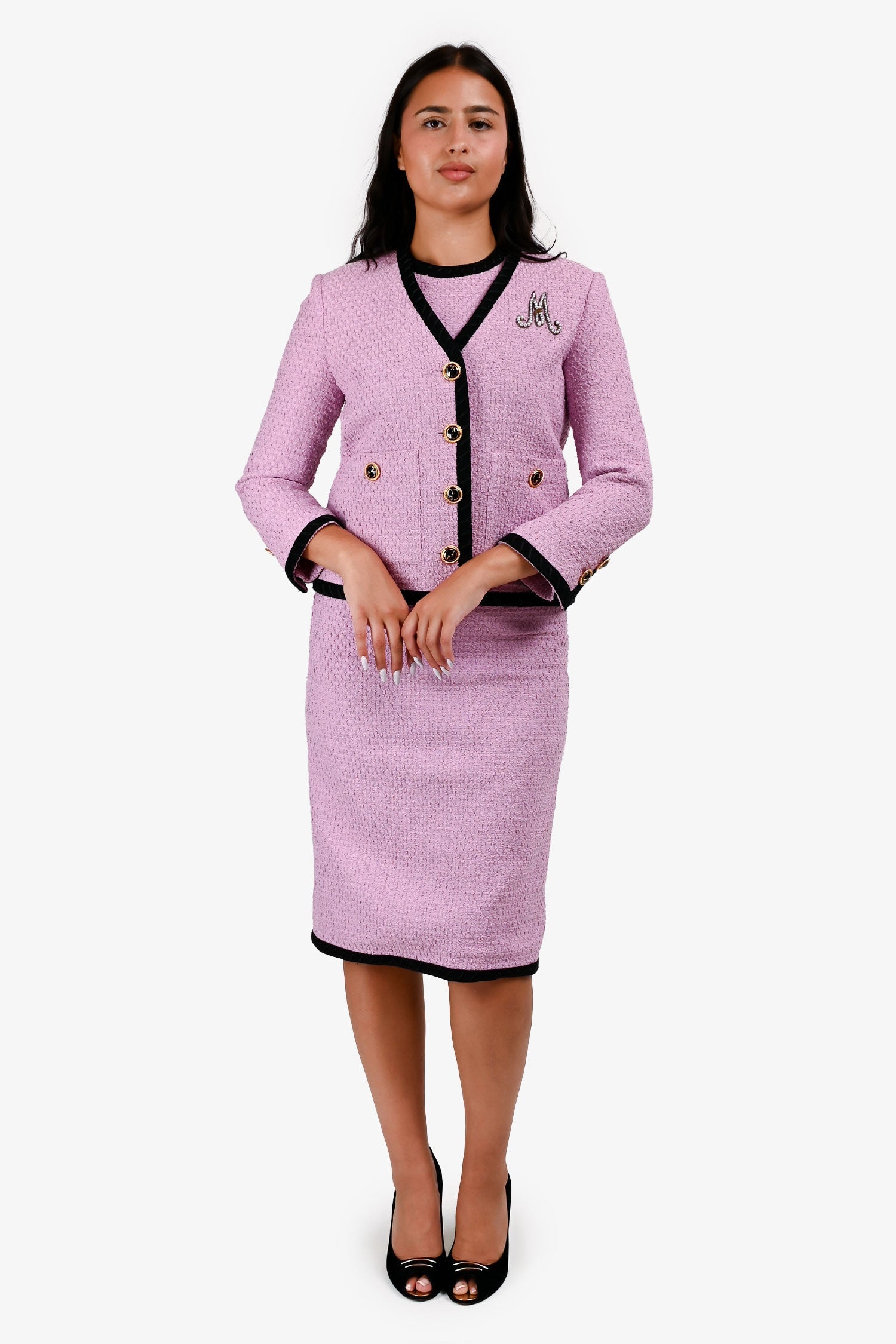 Gucci Custom Purple Tweed Faux Pearl 'M' Embellished GG Button Midi Dress + Jacket Set Size 38