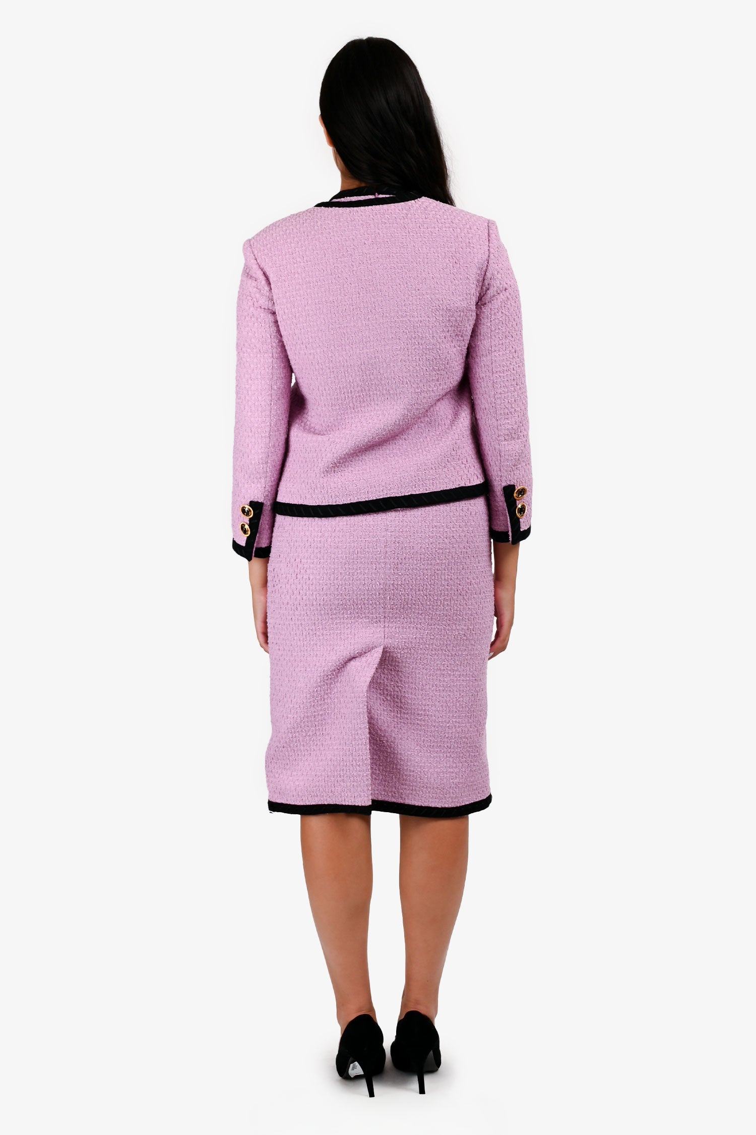 Gucci Custom Purple Tweed Faux Pearl 'M' Embellished GG Button Midi Dress + Jacket Set Size 38