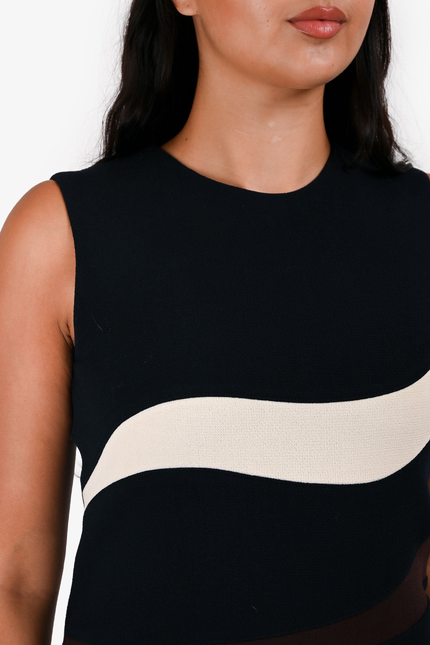 Christian Dior Navy Wool Cream/Brown Striped Sleeveless Midi Dress Size 6 US