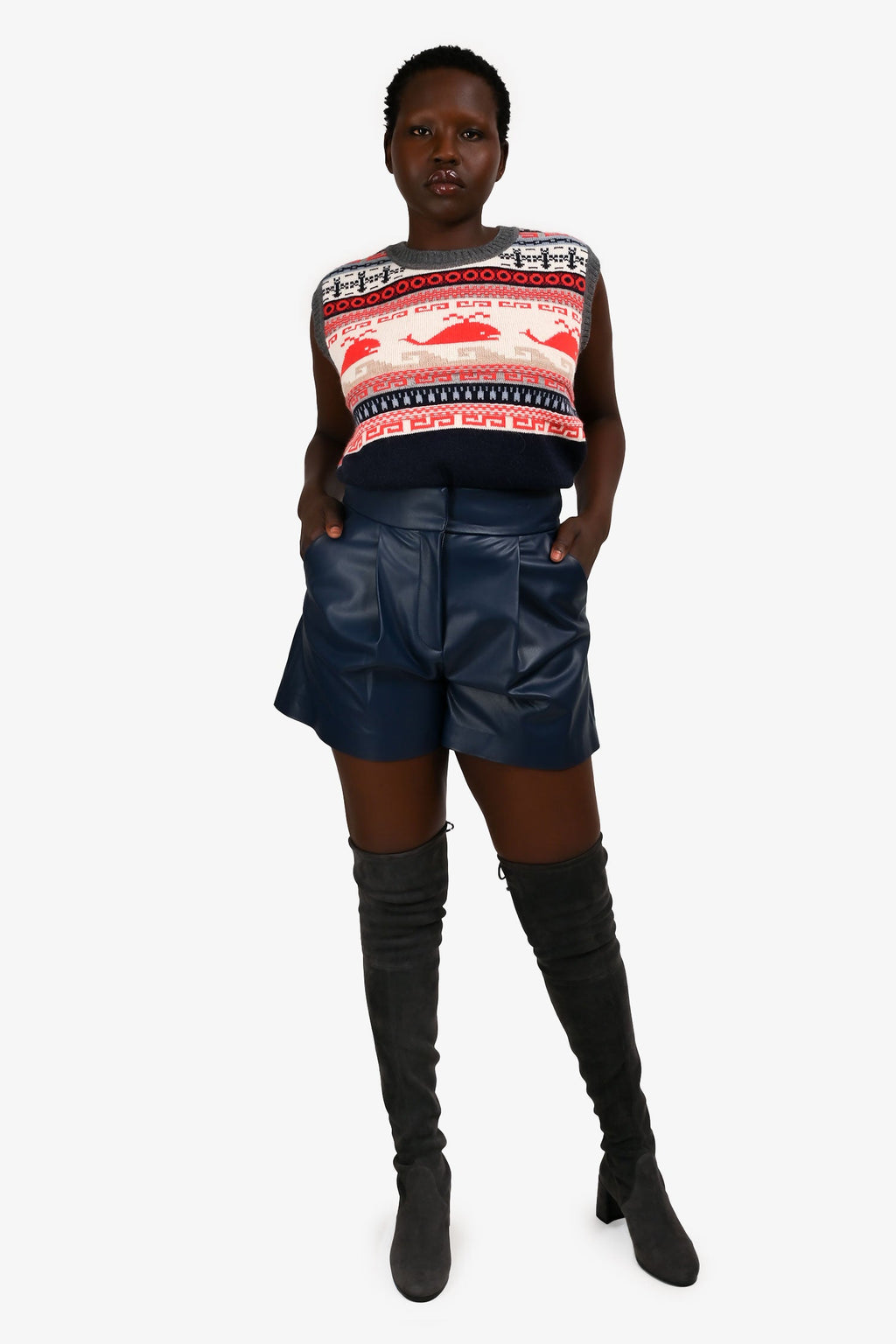 Veronica Beard Navy Vegan Leather High Waist Shorts Size 8