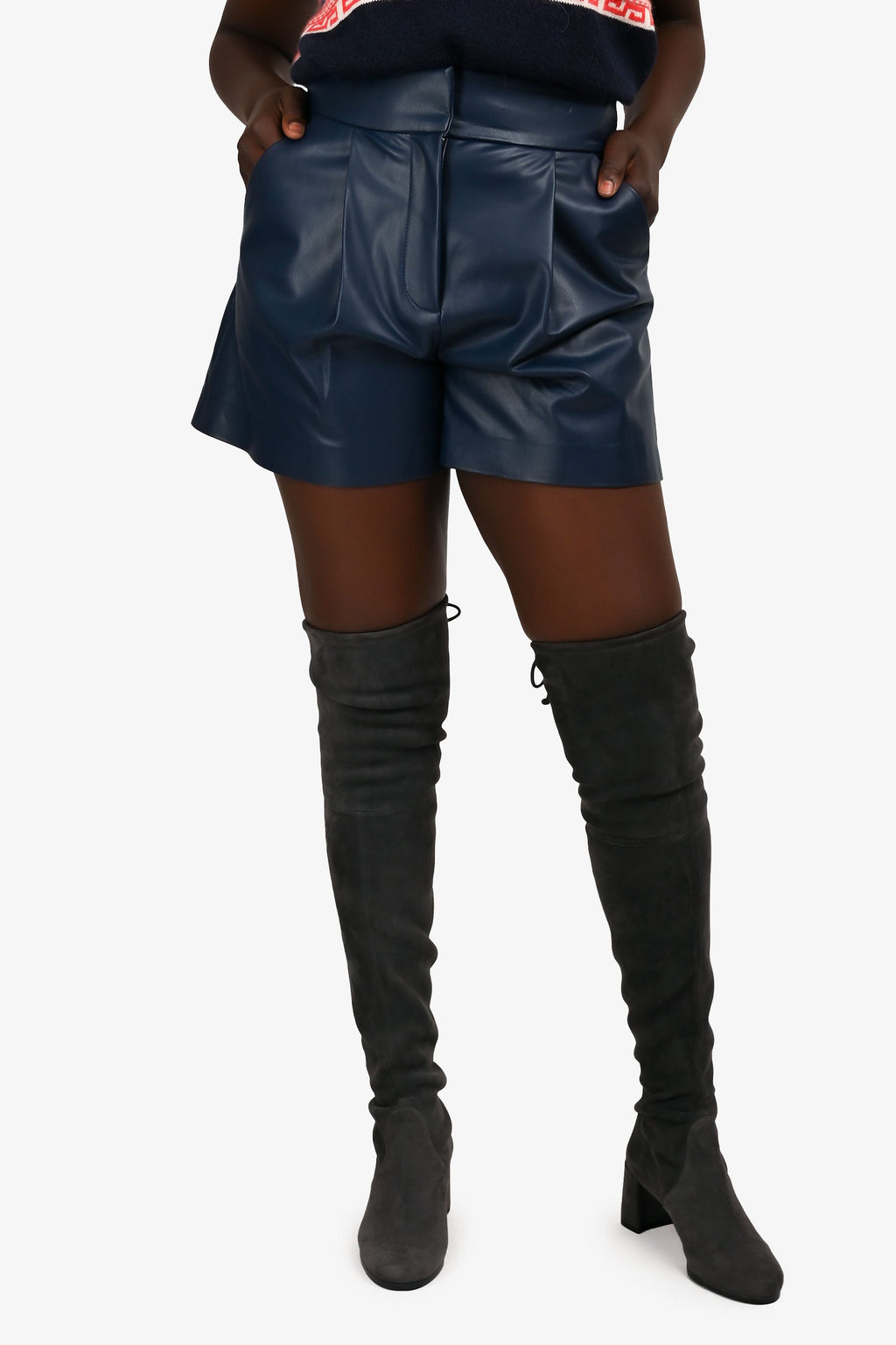 Veronica Beard Navy Vegan Leather High Waist Shorts Size 8