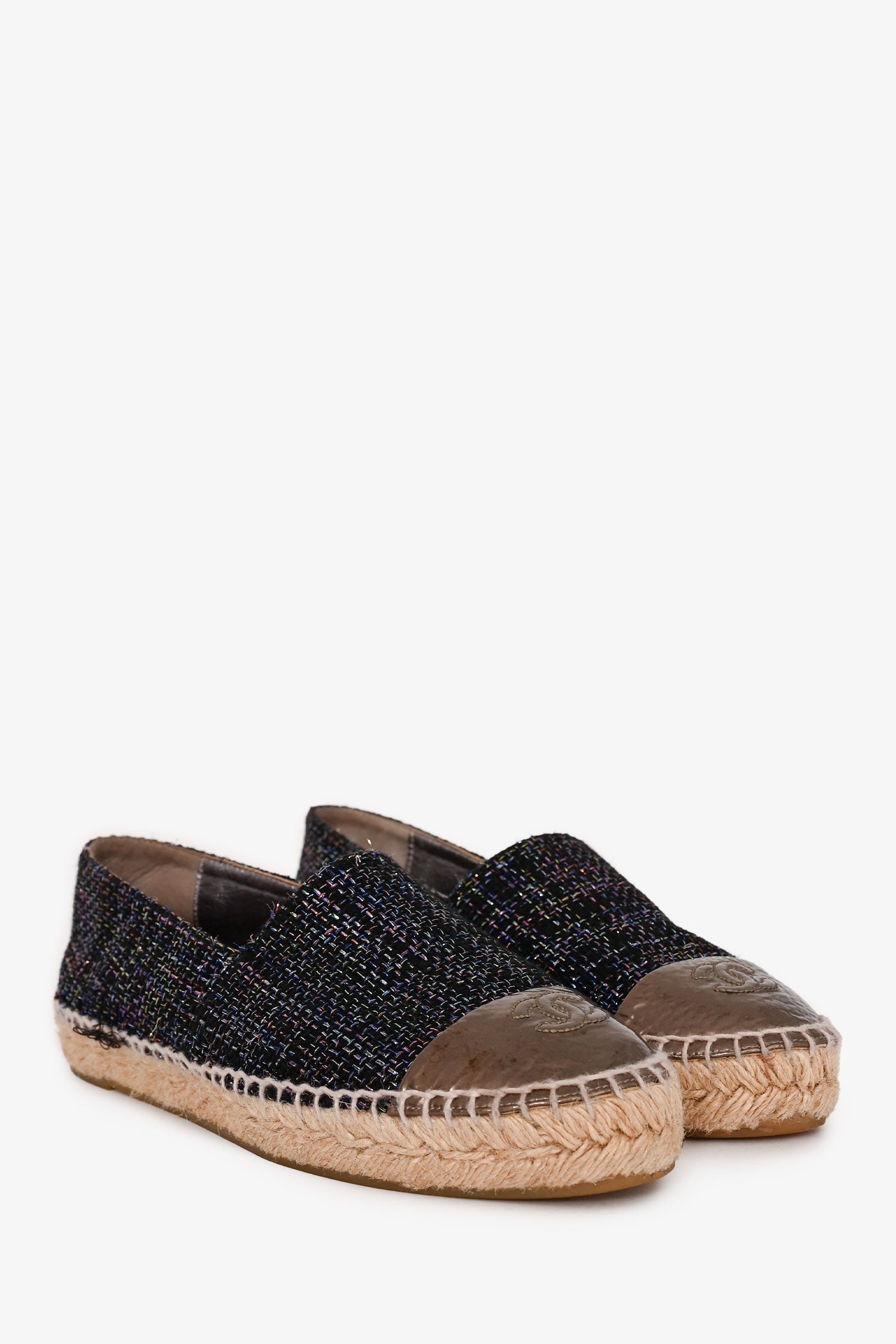 Pre-Loved Chanel™ Black/Purple Metallic Tweed Espadrille Flats Size 38