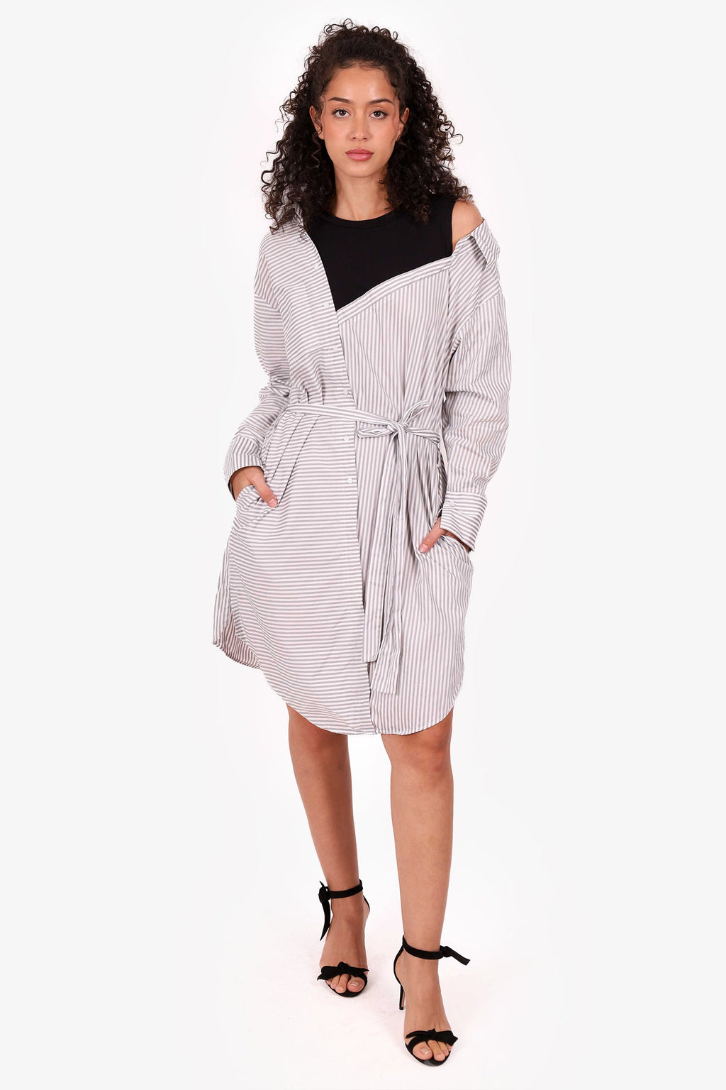 Maje White/Grey/Black Striped Assymetrical Shirt Dress Size 1
