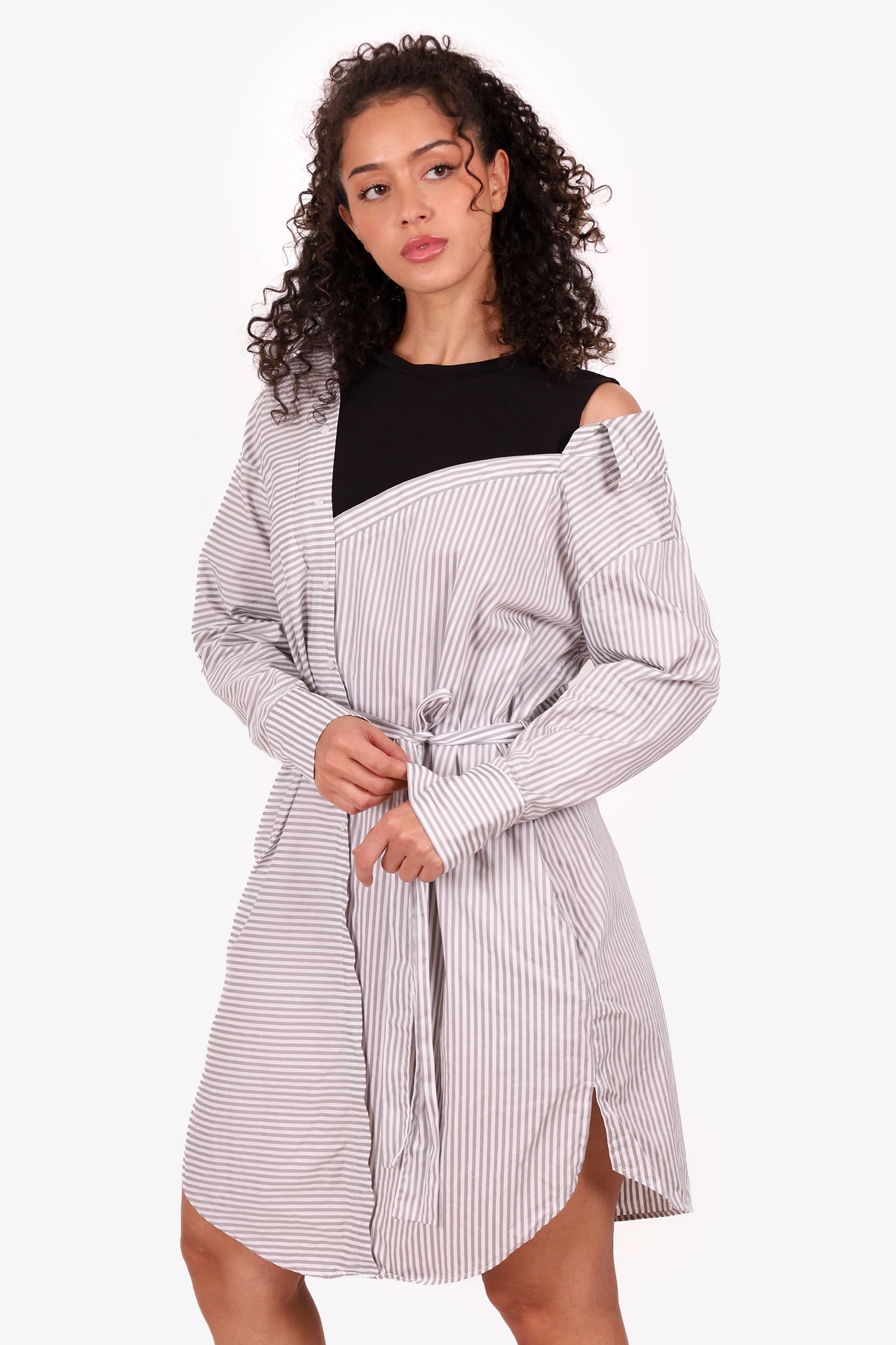 Maje White/Grey/Black Striped Assymetrical Shirt Dress Size 1