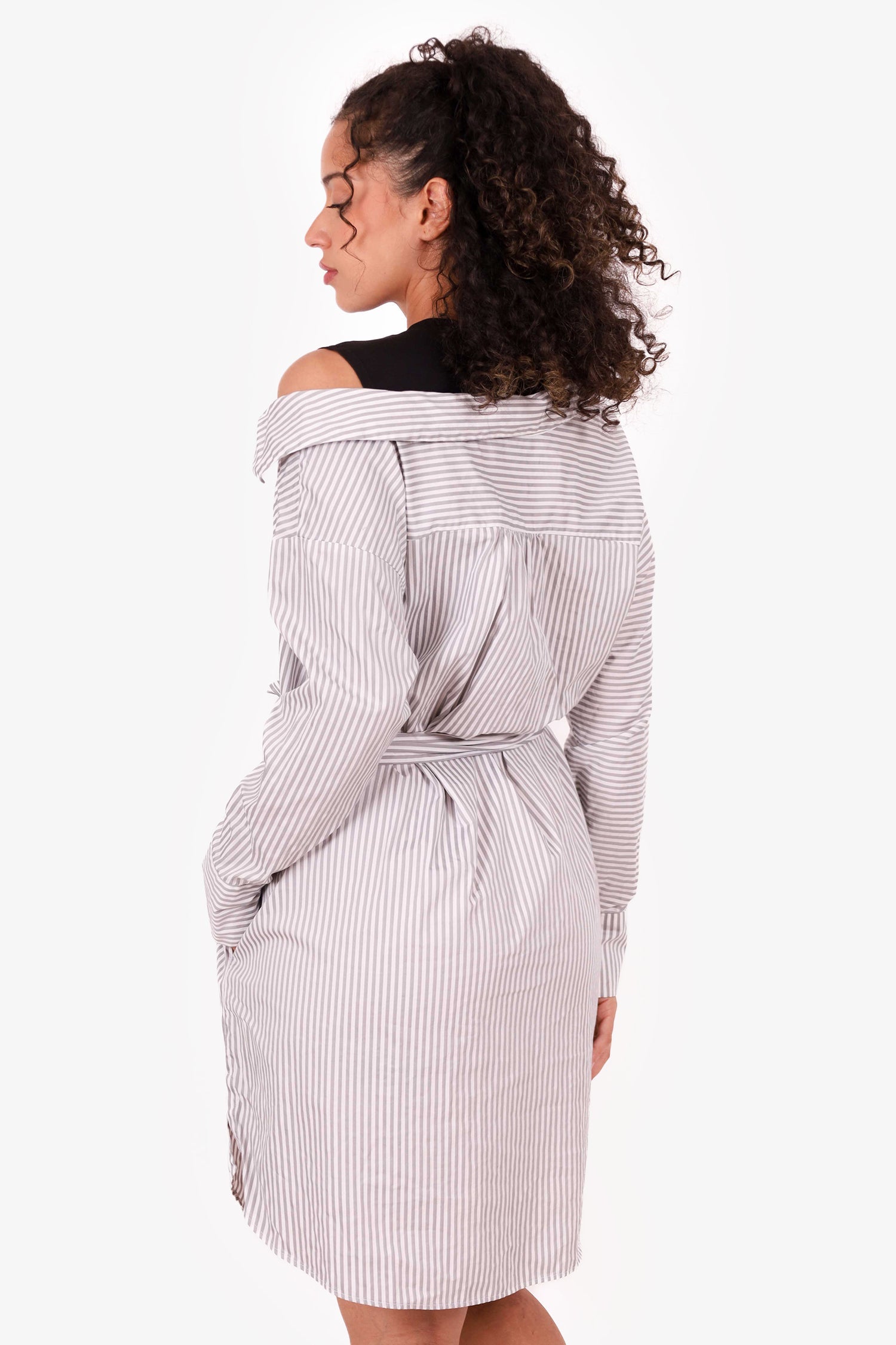 Maje White/Grey/Black Striped Assymetrical Shirt Dress Size 1