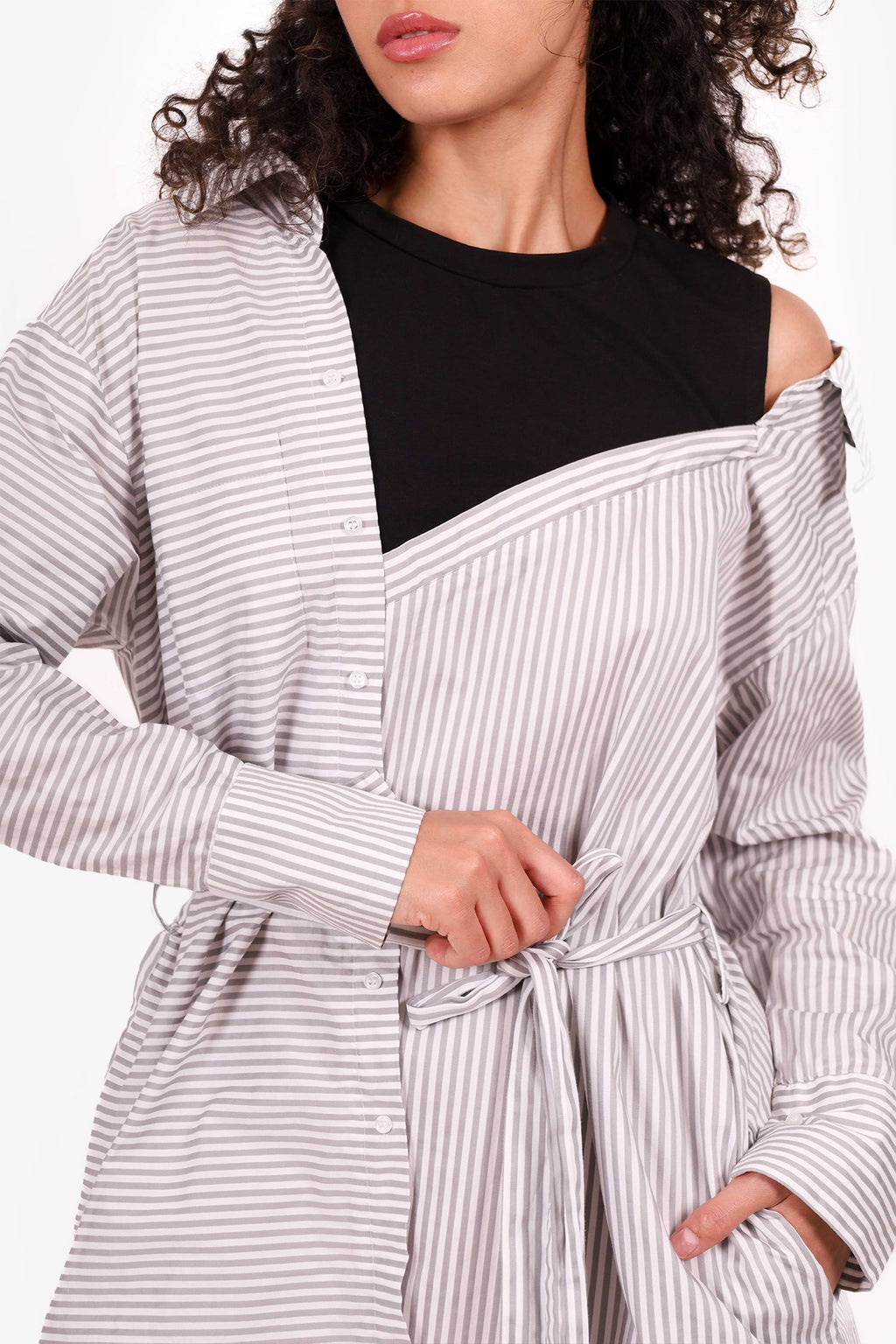 Maje White/Grey/Black Striped Assymetrical Shirt Dress Size 1