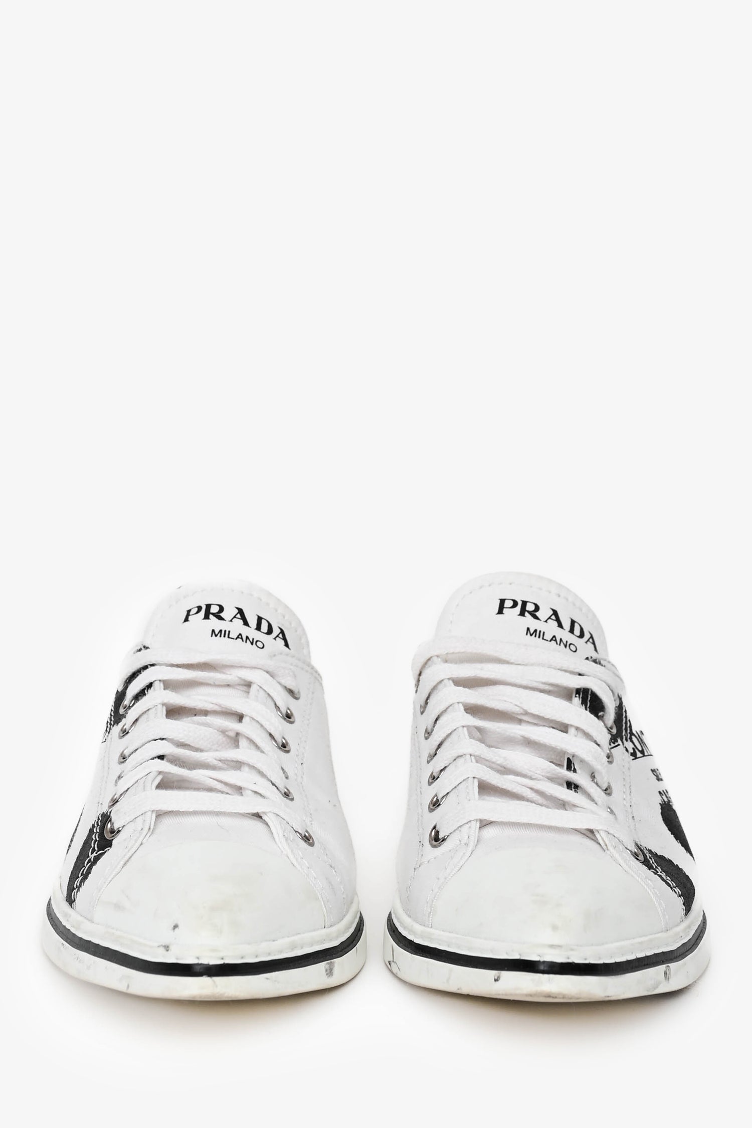 Prada White Graphic Printed Pointed Toe Sneakers Size 39