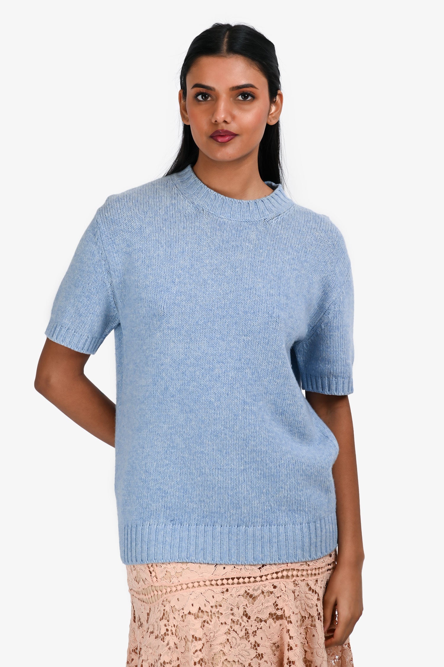 Prada 2019 Blue Wool/Cashmere Short Sleeve Sweater Size 36