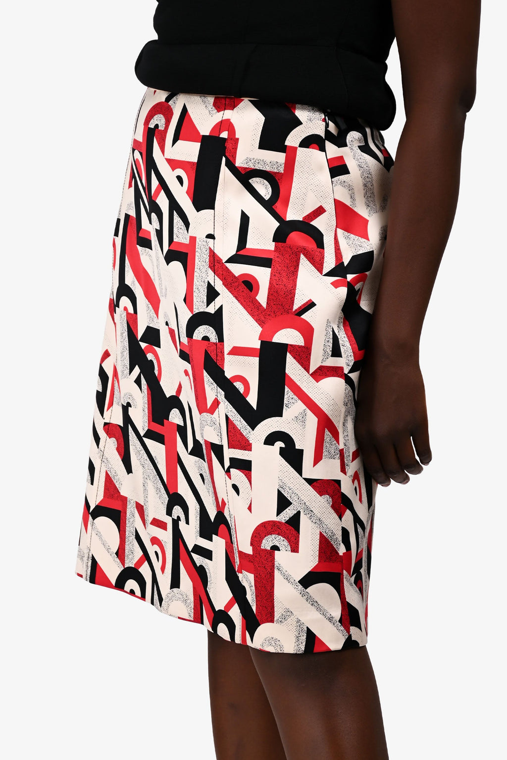 Prada 2017 Cream/Red Silk Graphic Printed Midi Skirt Size 46