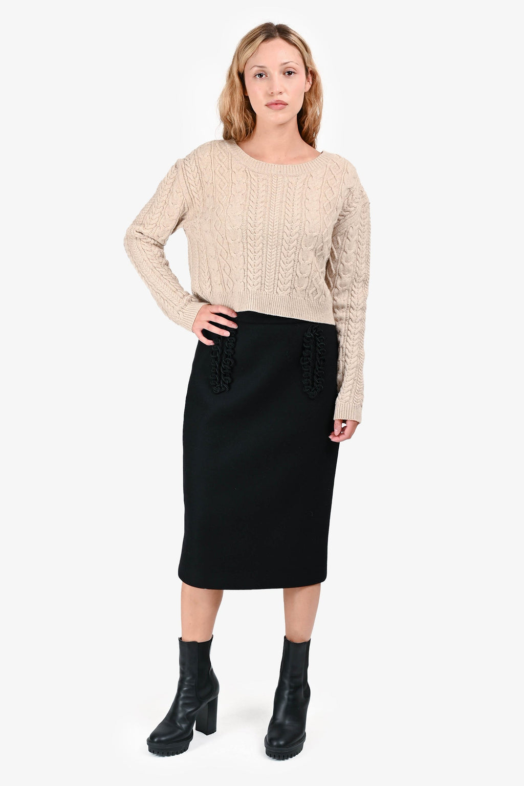 Prada 2016 Black Wool Braid Detail Midi Skirt Size 38