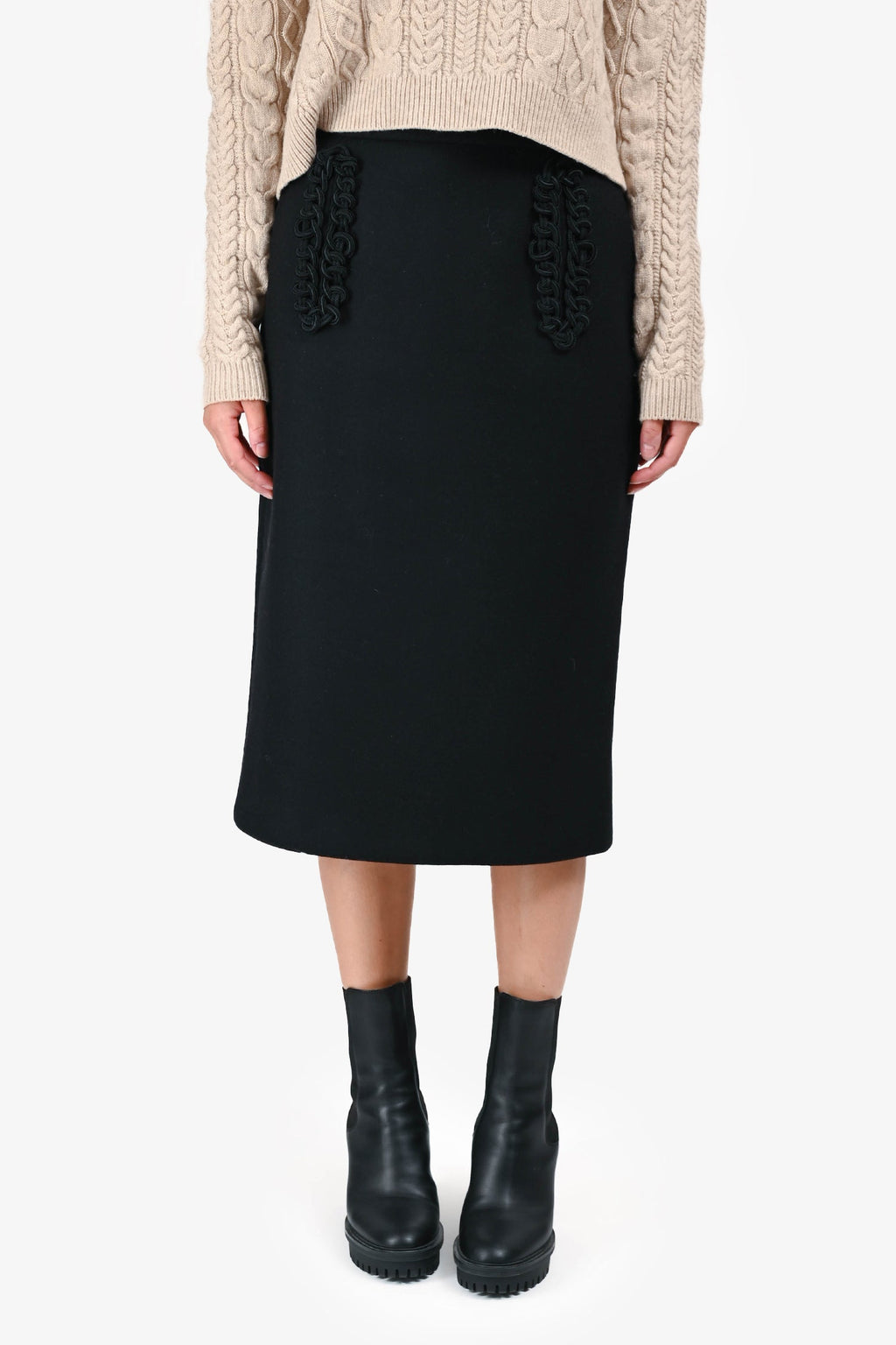 Prada 2016 Black Wool Braid Detail Midi Skirt Size 38