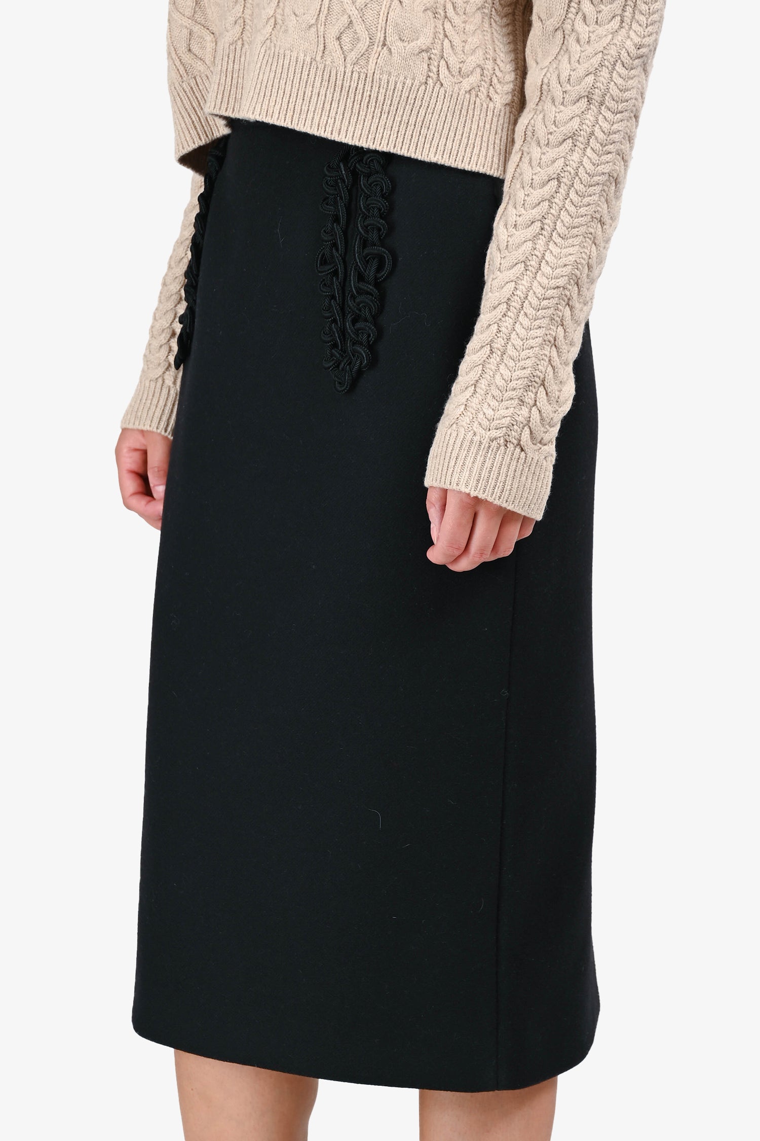 Prada 2016 Black Wool Braid Detail Midi Skirt Size 38