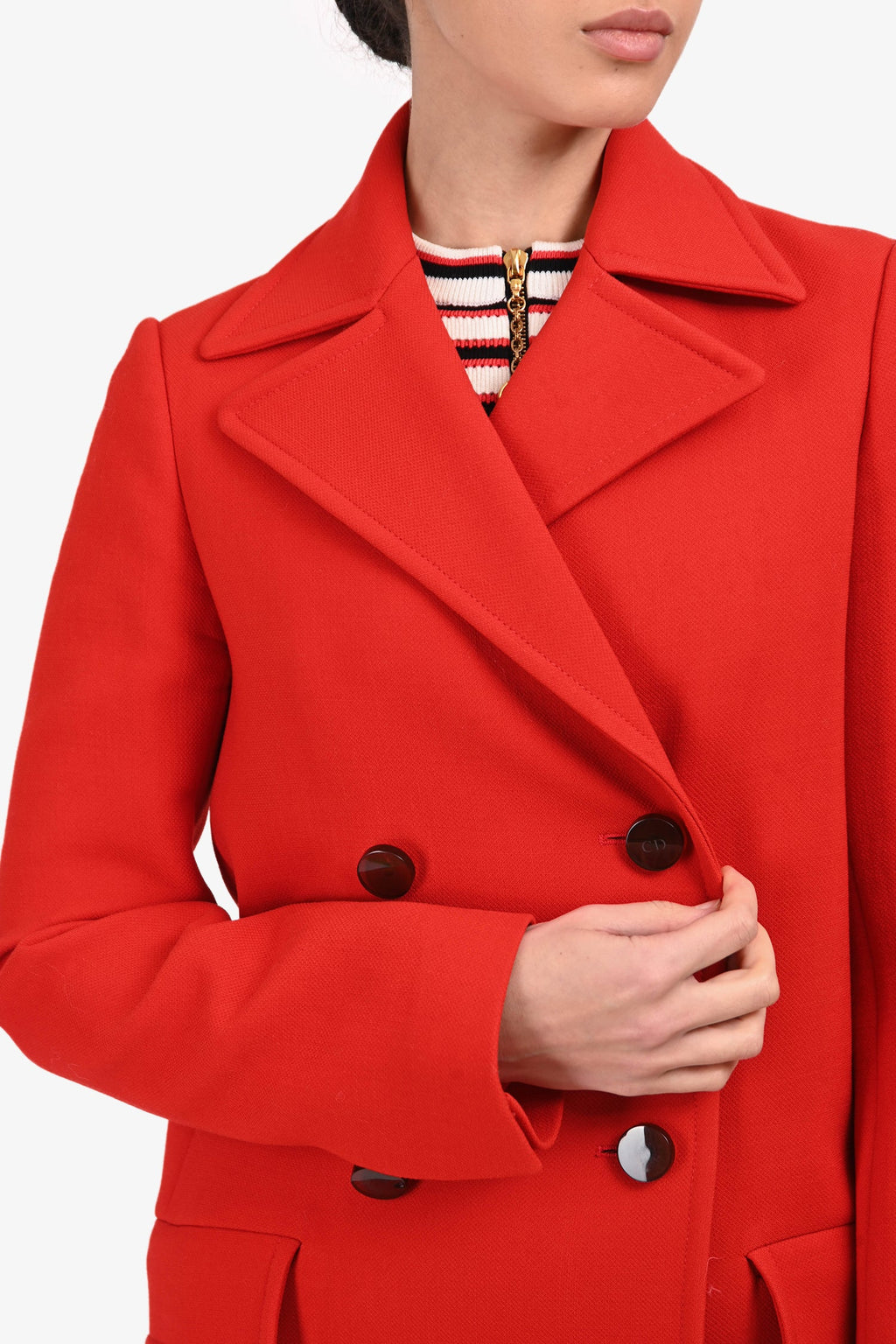 Christian Dior Red Wool Black Buttoned Midi Coat Size 6