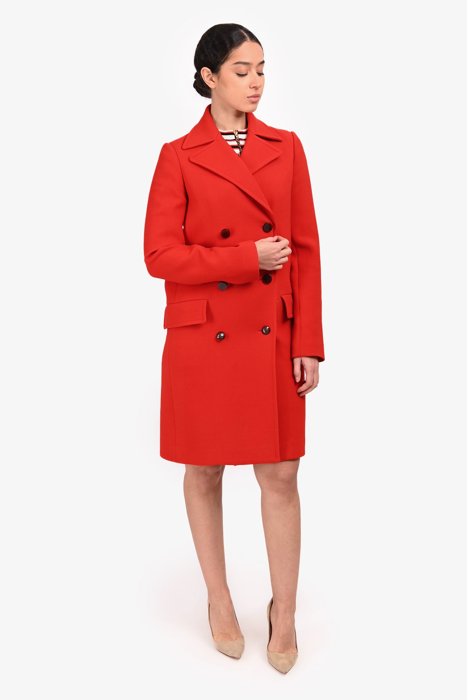 Christian Dior Red Wool Black Buttoned Midi Coat Size 6