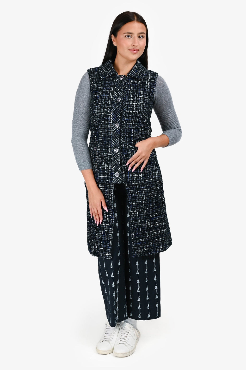 Pre-Loved Chanel™ 2022 Blue/Black Tweed Crystal Buttoned Over Vest Size 34