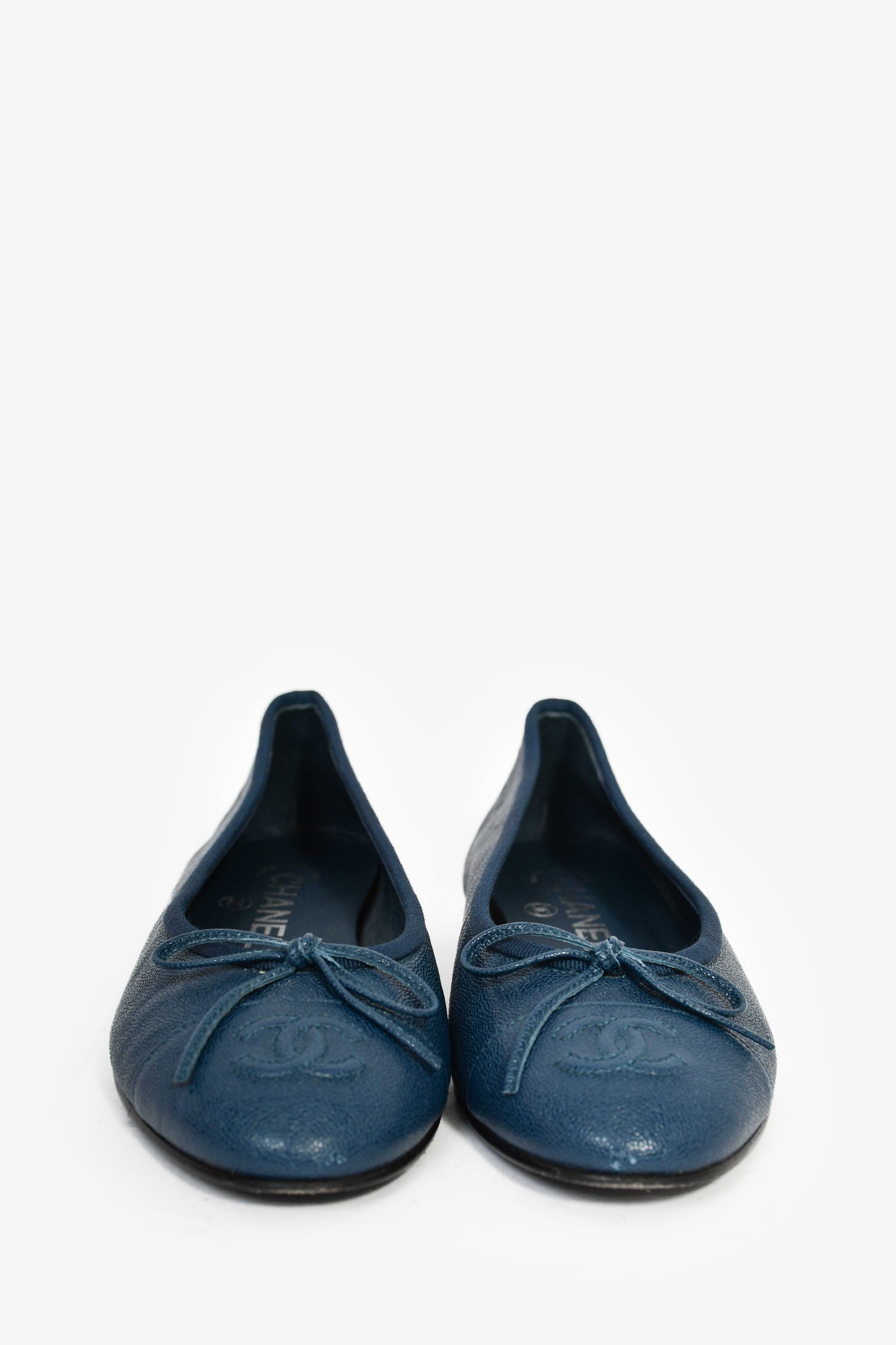 Pre-Loved™ Chanel Teal Glossy Leather CC Ballet Flats Size 35