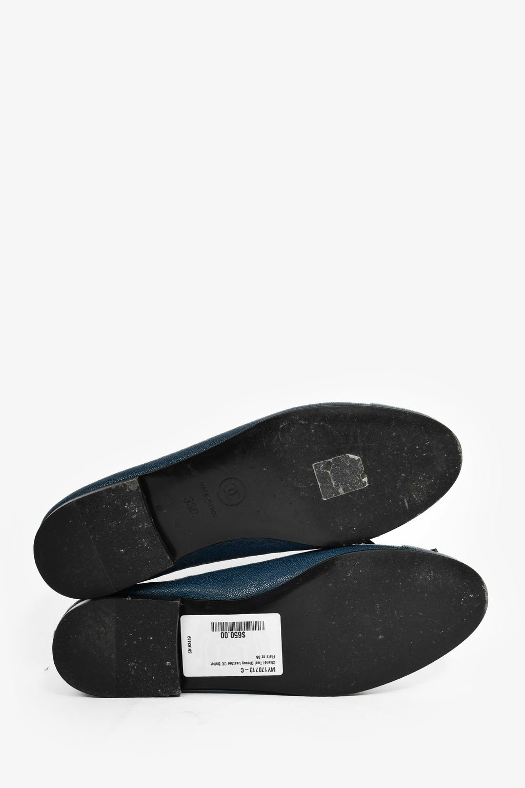 Pre-Loved™ Chanel Teal Glossy Leather CC Ballet Flats Size 35