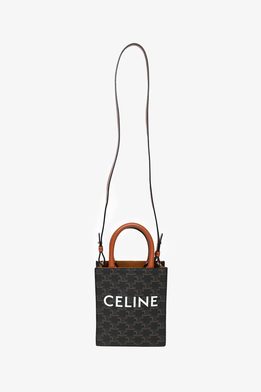Celine 2021 Brown Canvas/Leather Mini Triomphe Vertical Cabas Tote with Strap
